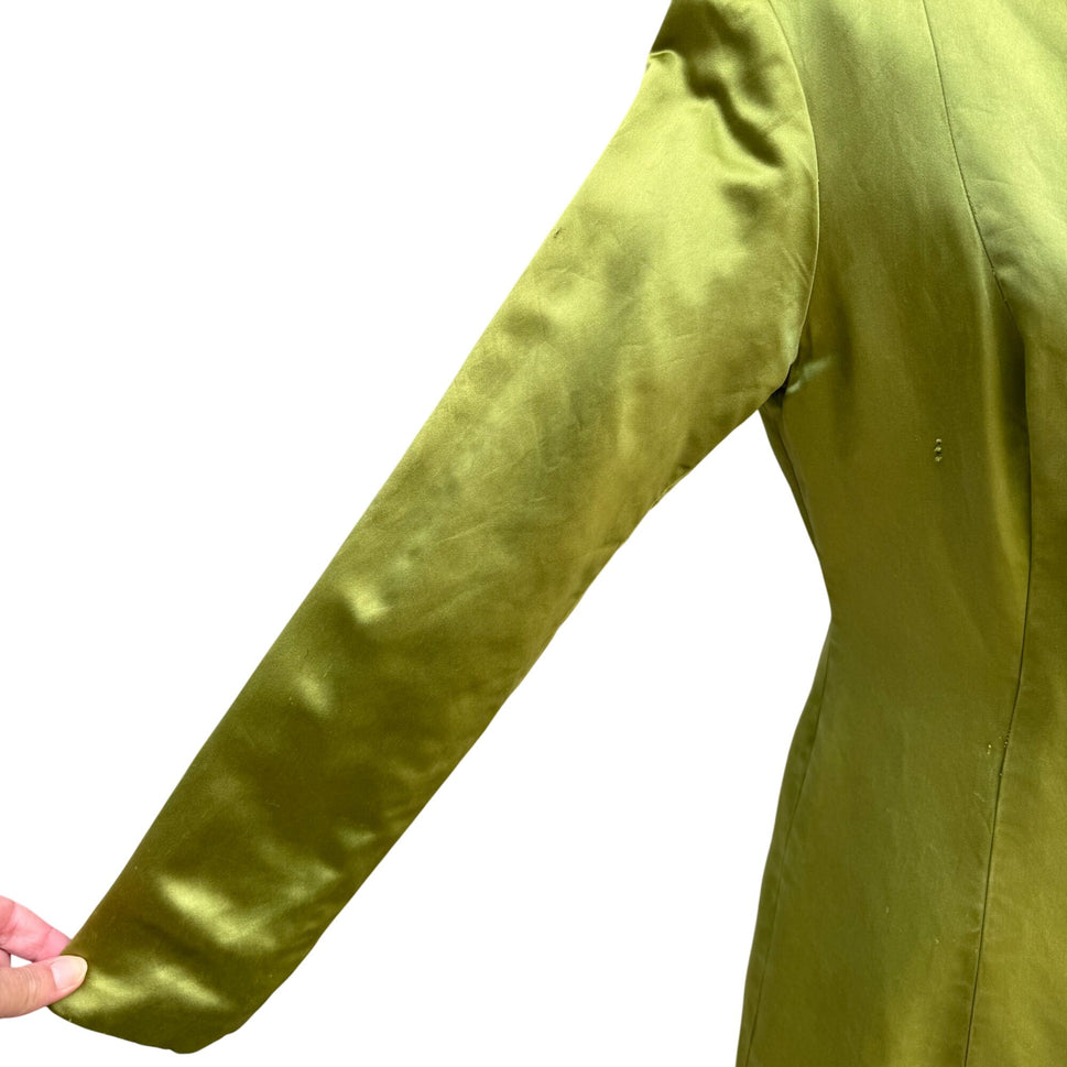 Vintage Chartreuse Long Sleeve Satin Silk Floral Accent Maxi Dressing Gown Jacket