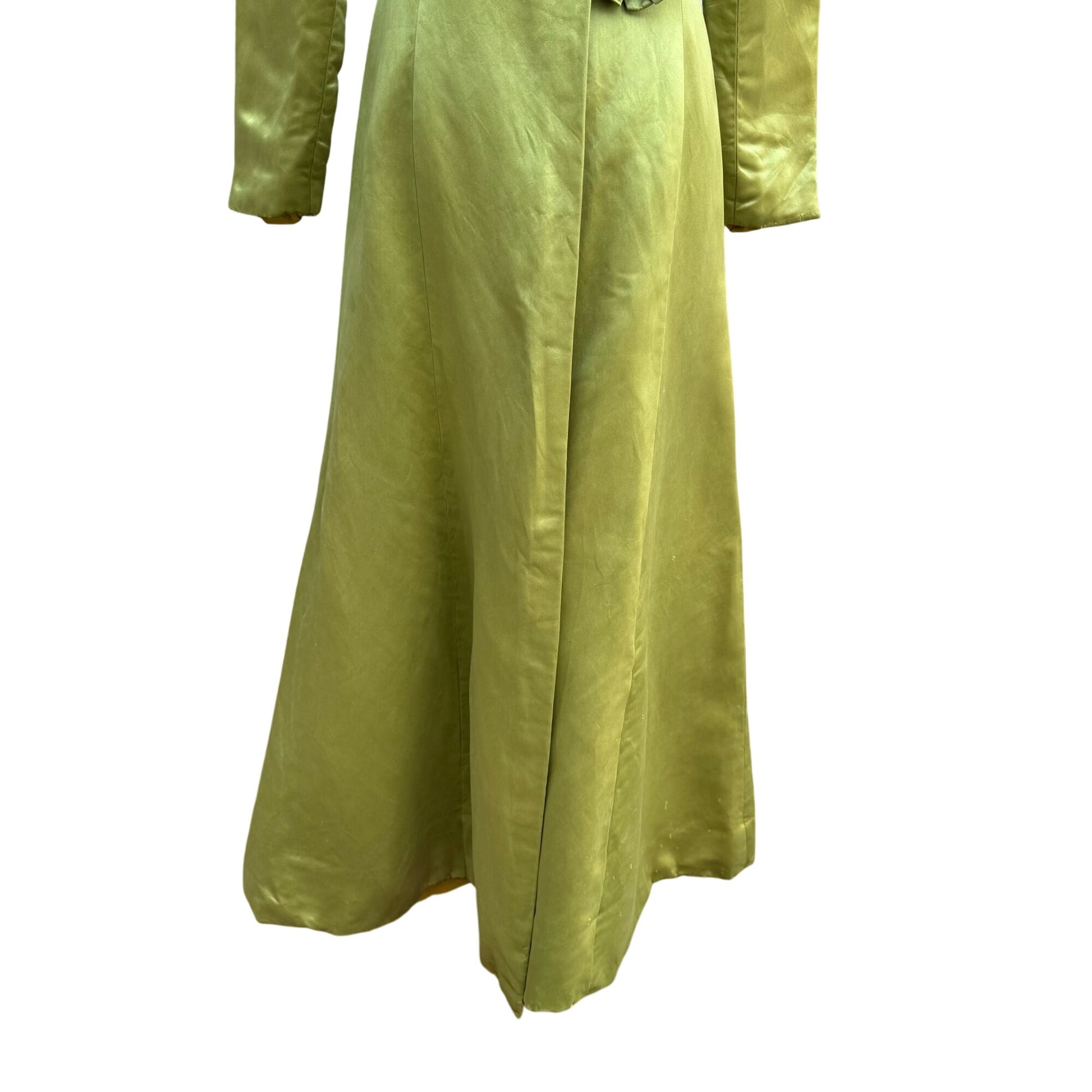 Vintage Chartreuse Long Sleeve Satin Silk Floral Accent Maxi Dressing Gown Jacket