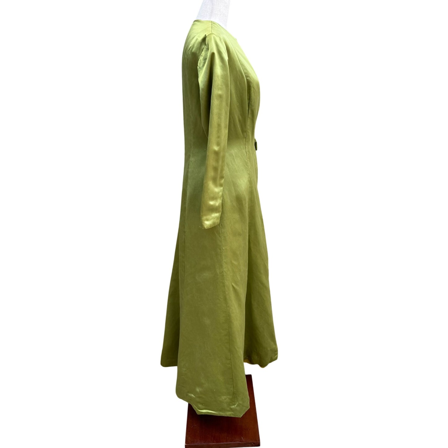 Vintage Chartreuse Long Sleeve Satin Silk Floral Accent Maxi Dressing Gown Jacket