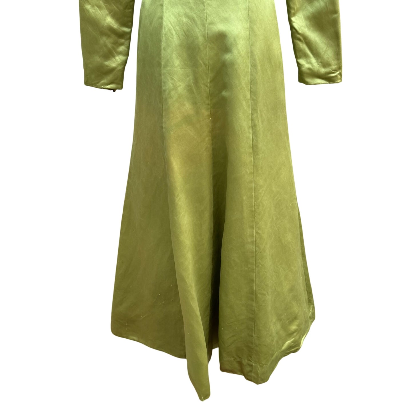 Vintage Chartreuse Long Sleeve Satin Silk Floral Accent Maxi Dressing Gown Jacket