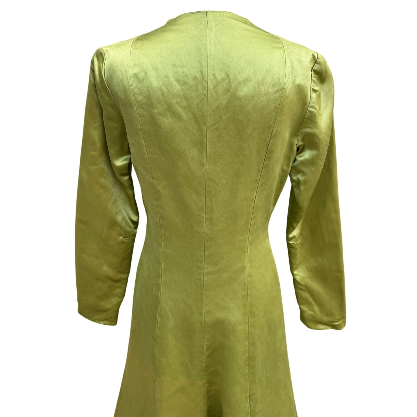 Vintage Chartreuse Long Sleeve Satin Silk Floral Accent Maxi Dressing Gown Jacket