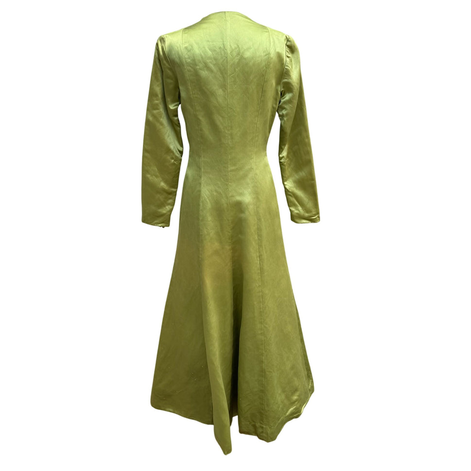 Vintage Chartreuse Long Sleeve Satin Silk Floral Accent Maxi Dressing Gown Jacket