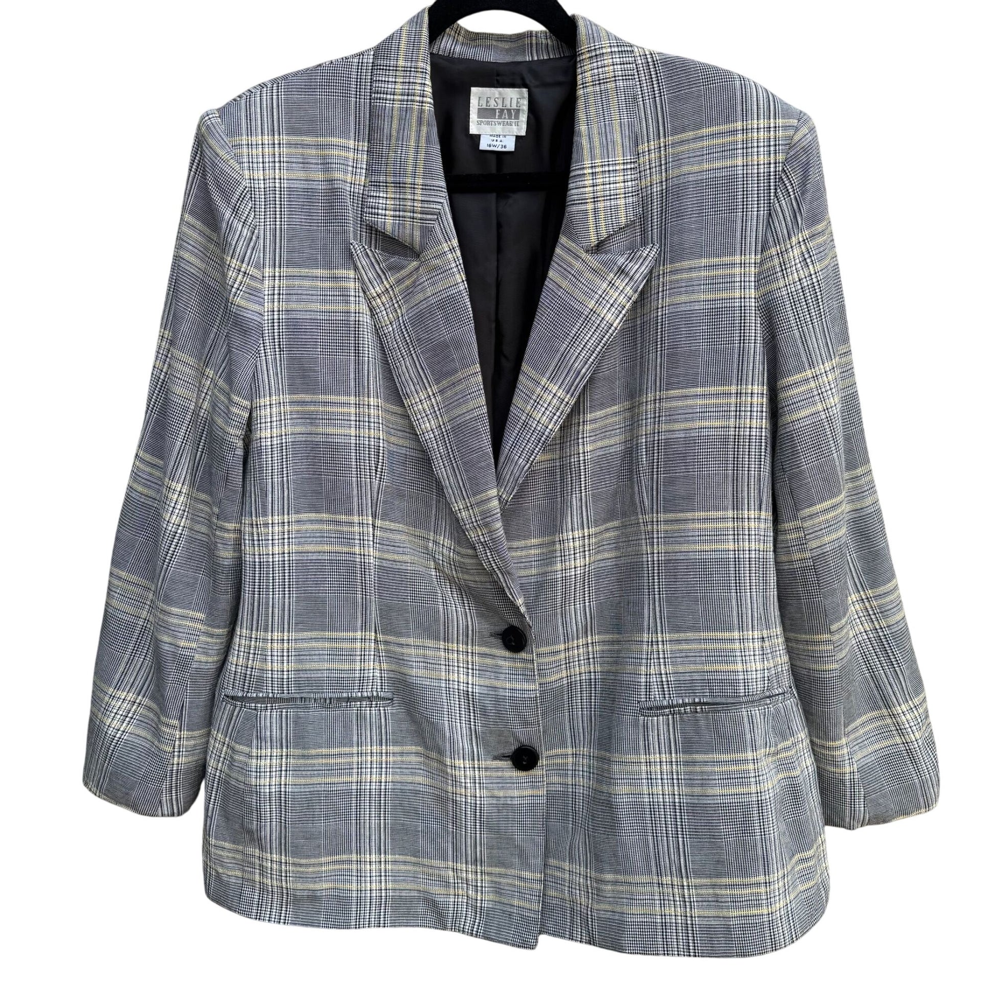 Leslie Fay Vintage 80s Womens Two Button Preppy Plaid Oversized Blazer Jacket 16