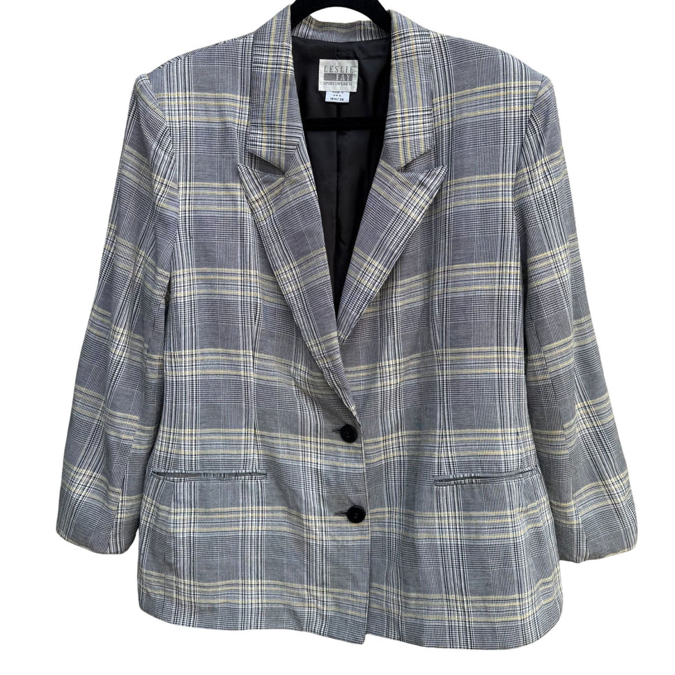 Leslie Fay Vintage 80s Womens Two Button Preppy Plaid Oversized Blazer Jacket 16