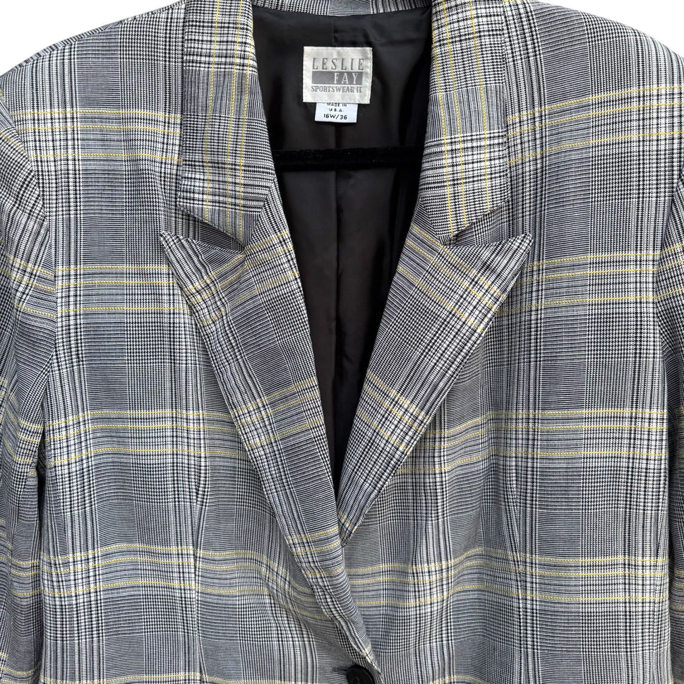 Leslie Fay Vintage 80s Womens Two Button Preppy Plaid Oversized Blazer Jacket 16