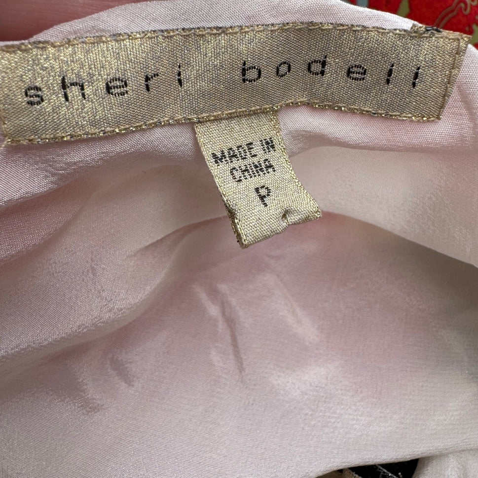 Sheri Bodell Y2K Silk Halter Top Romantic Coquette Beaded Floral Cowl Neck Tie