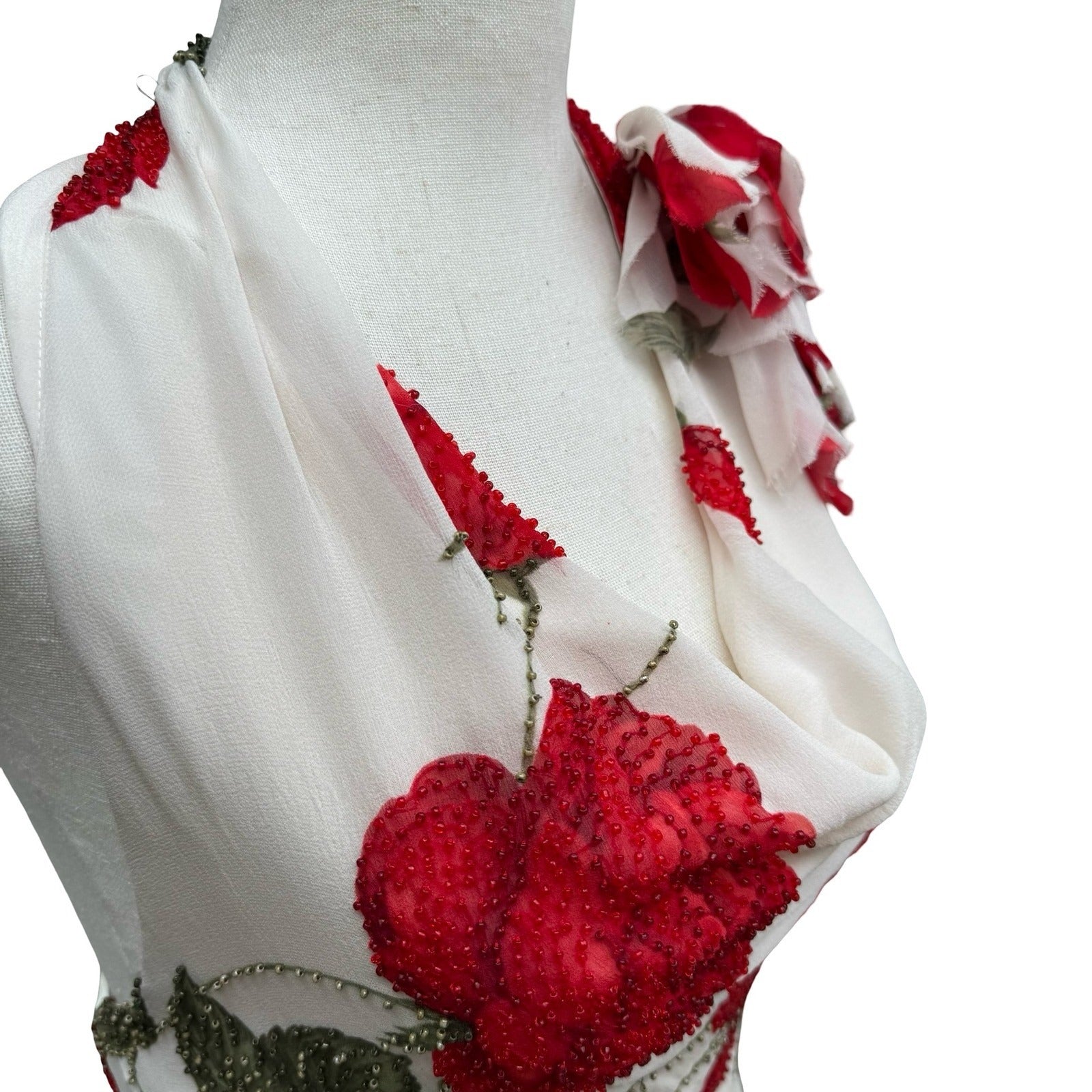 Sheri Bodell Y2K Silk Halter Top Romantic Coquette Beaded Floral Cowl Neck Tie