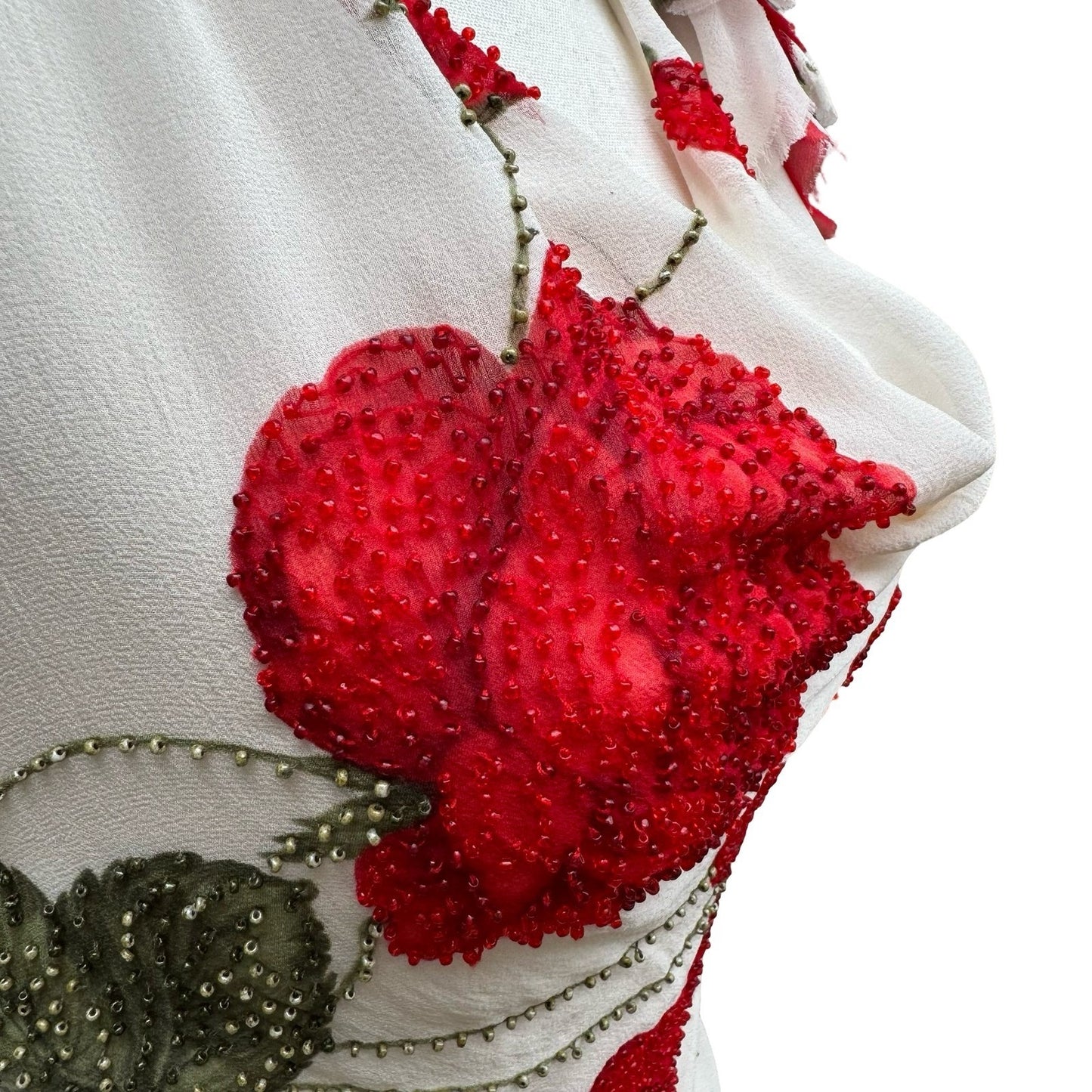 Sheri Bodell Y2K Silk Halter Top Romantic Coquette Beaded Floral Cowl Neck Tie