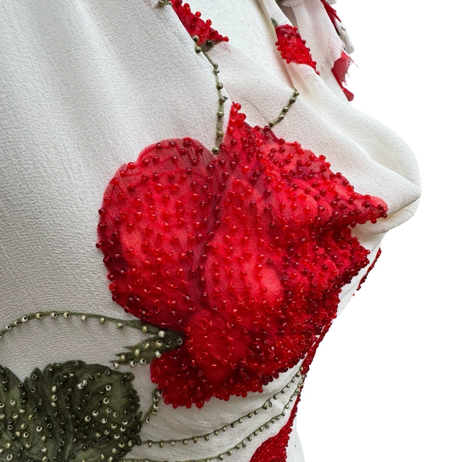 Sheri Bodell Y2K Silk Halter Top Romantic Coquette Beaded Floral Cowl Neck Tie
