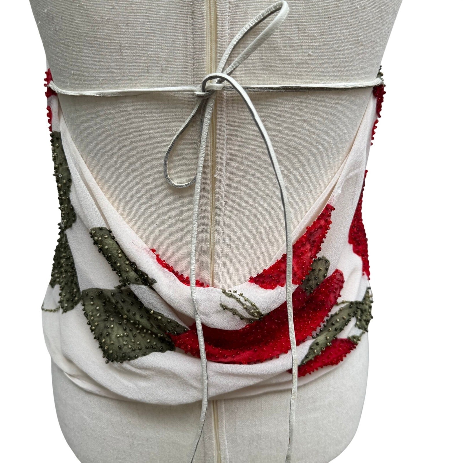 Sheri Bodell Y2K Silk Halter Top Romantic Coquette Beaded Floral Cowl Neck Tie