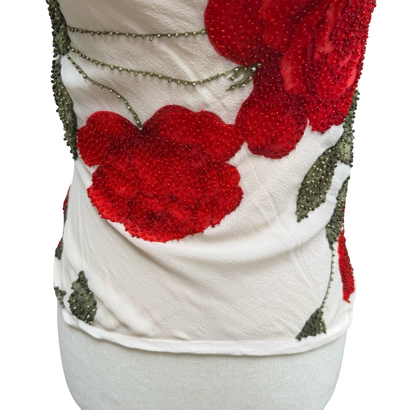 Sheri Bodell Y2K Silk Halter Top Romantic Coquette Beaded Floral Cowl Neck Tie