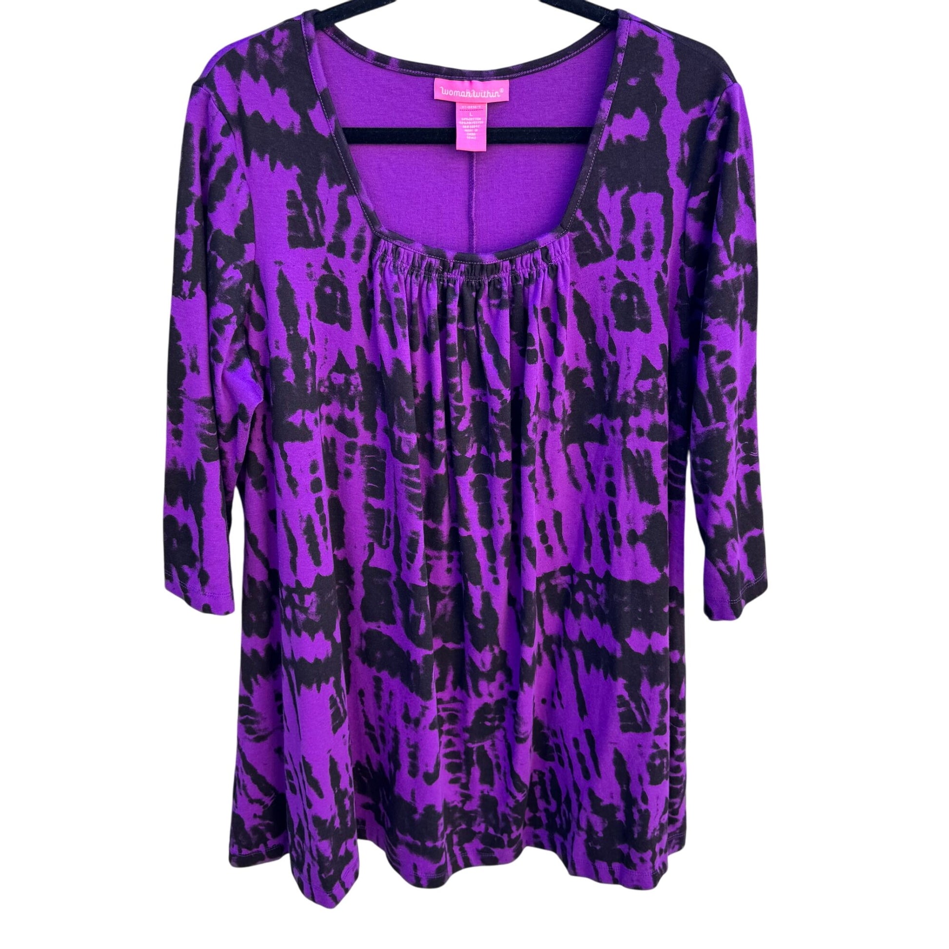 Woman Within Purple Black Tie Dye Pleated Neck Long Tunic Shirt Blouse Top L
