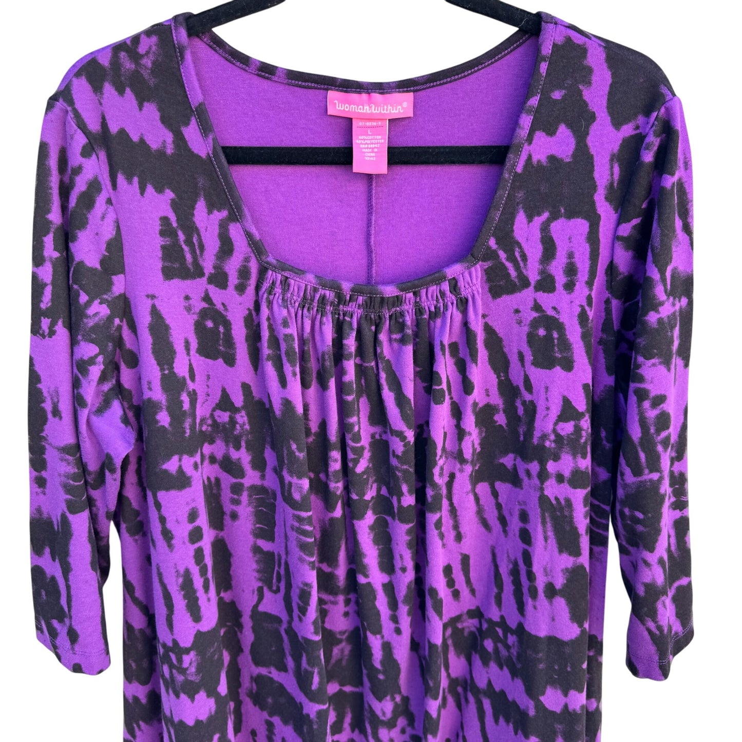 Woman Within Purple Black Tie Dye Pleated Neck Long Tunic Shirt Blouse Top L