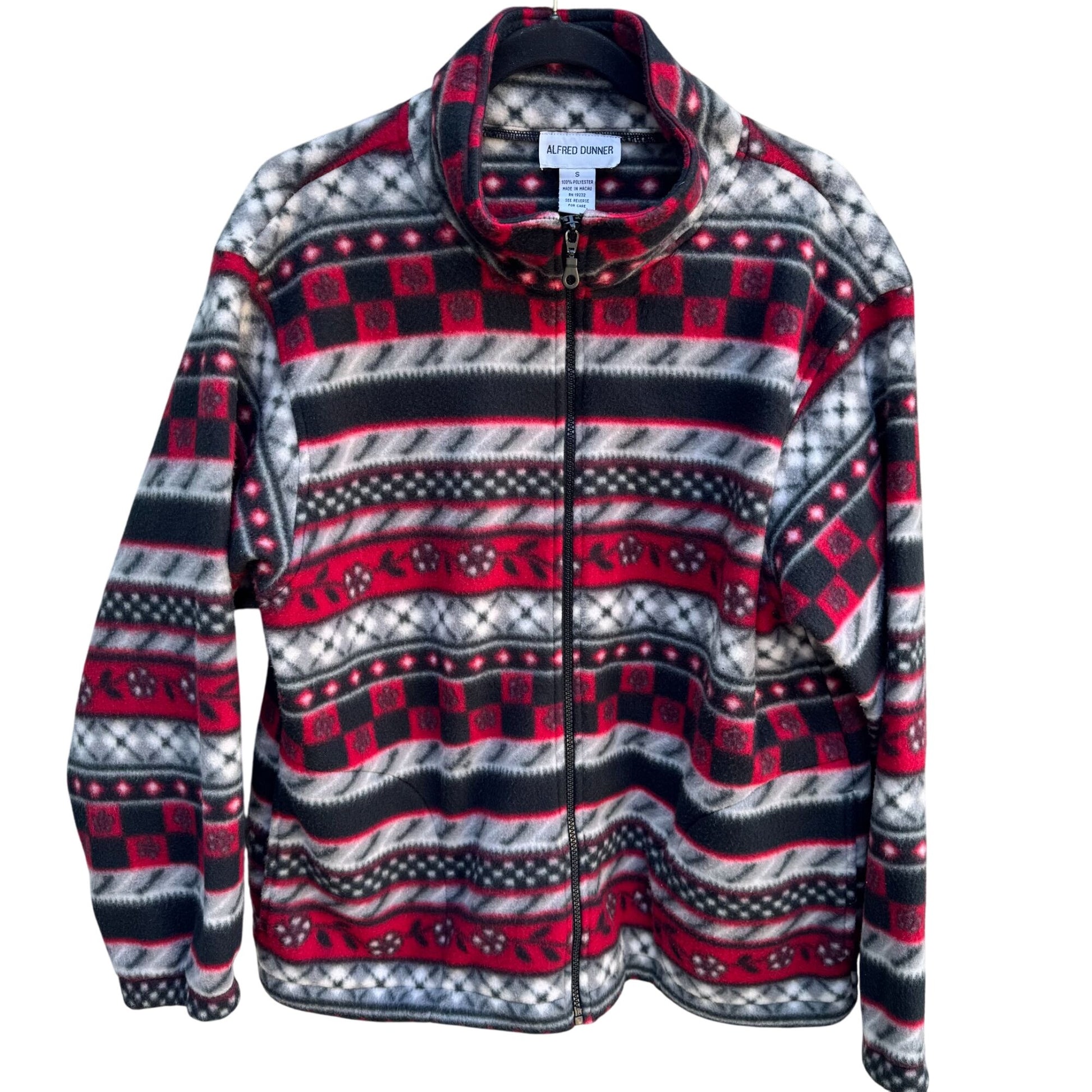 Alfred Dunner Womens Red Black Nordic Pattern Fair Isle Full Zip Fleece Jacket S