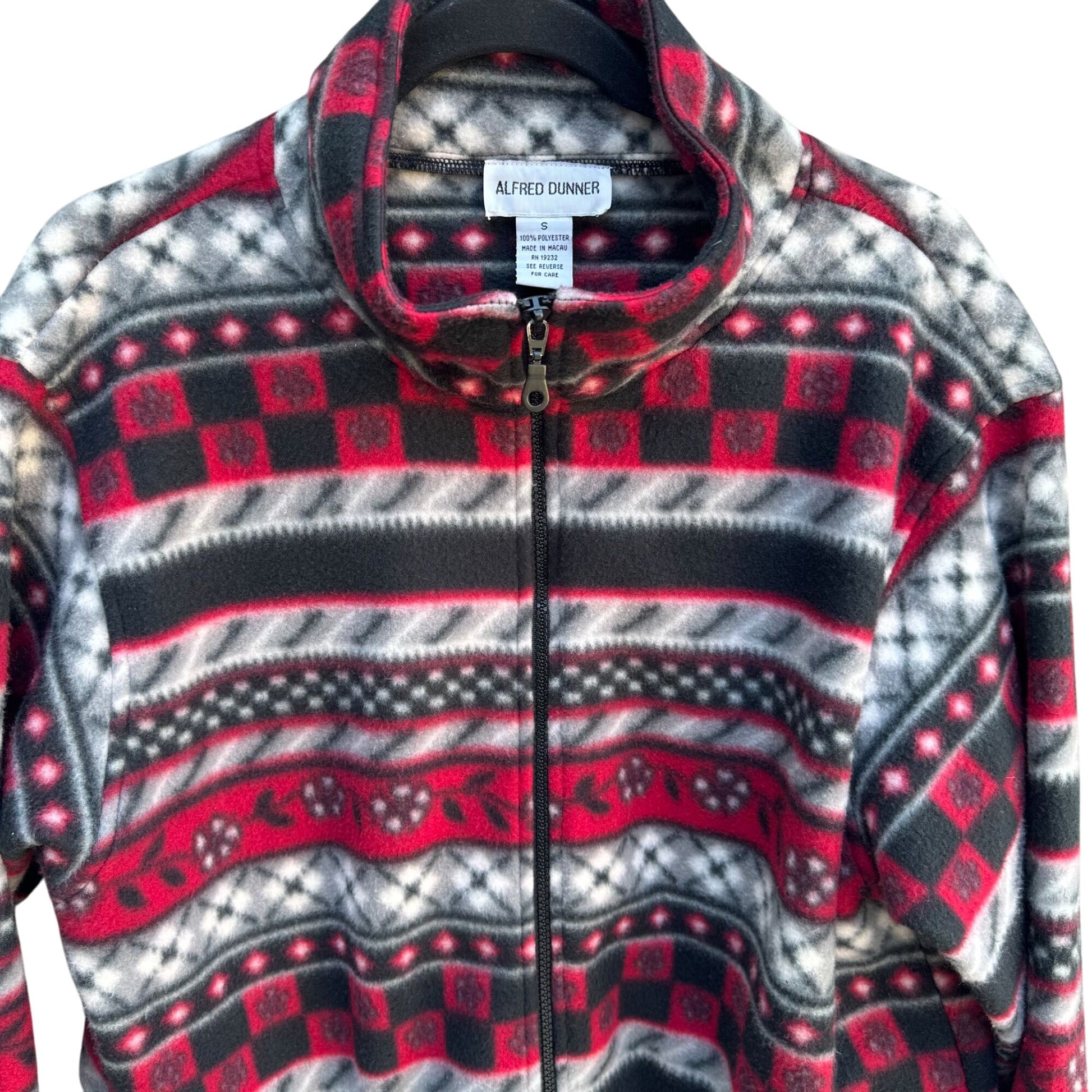Alfred Dunner Womens Red Black Nordic Pattern Fair Isle Full Zip Fleece Jacket S