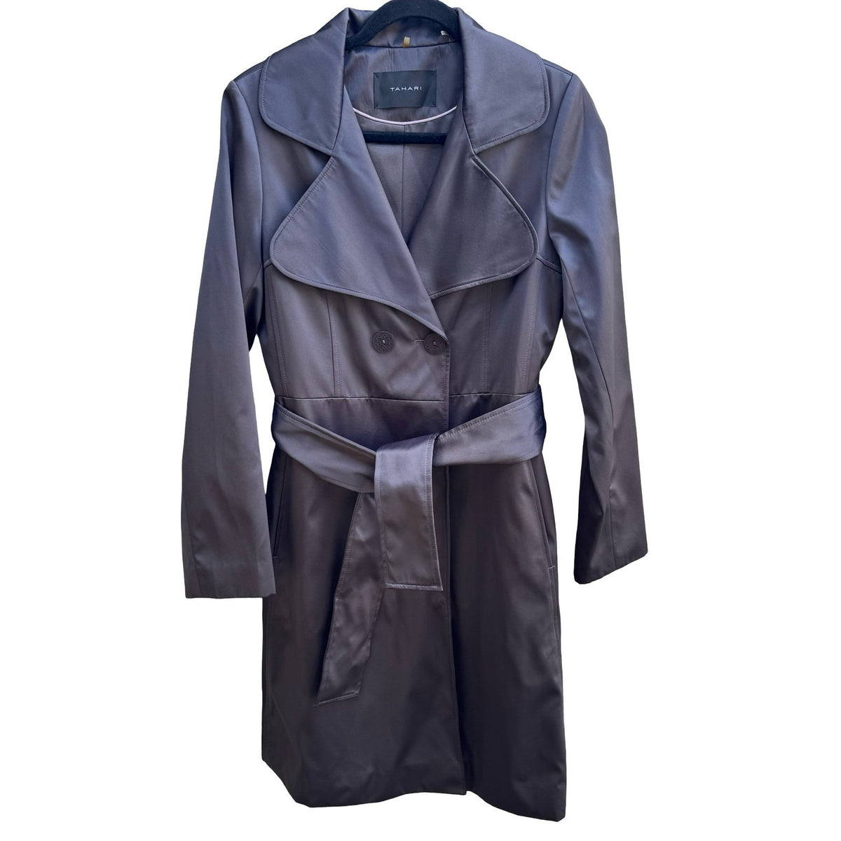 Tahari Minimalist Dark Academia Satin Finish Double Breasted Trench Coat Grey XS