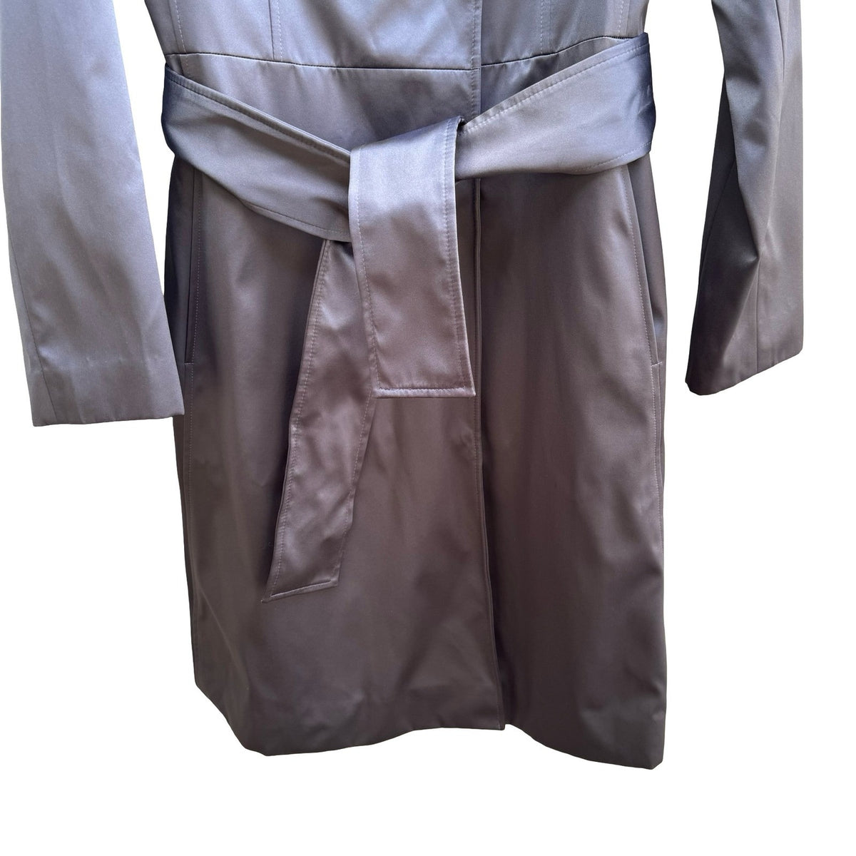 Tahari Minimalist Dark Academia Satin Finish Double Breasted Trench Coat Grey XS