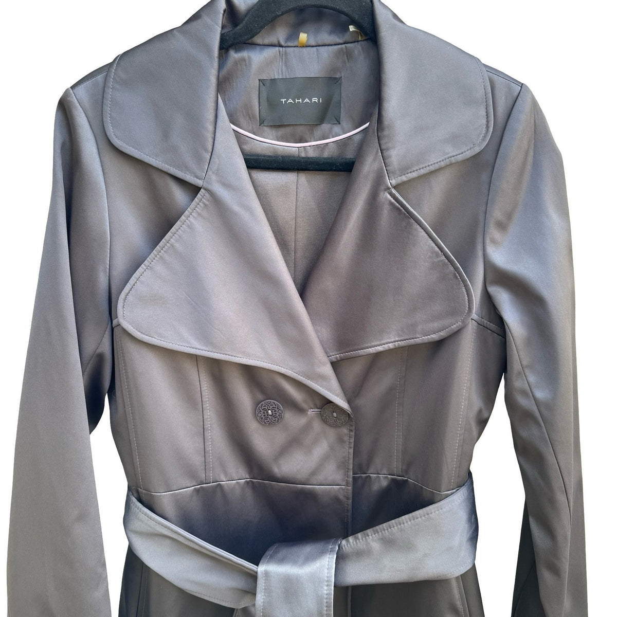 Tahari Minimalist Dark Academia Satin Finish Double Breasted Trench Coat Grey XS
