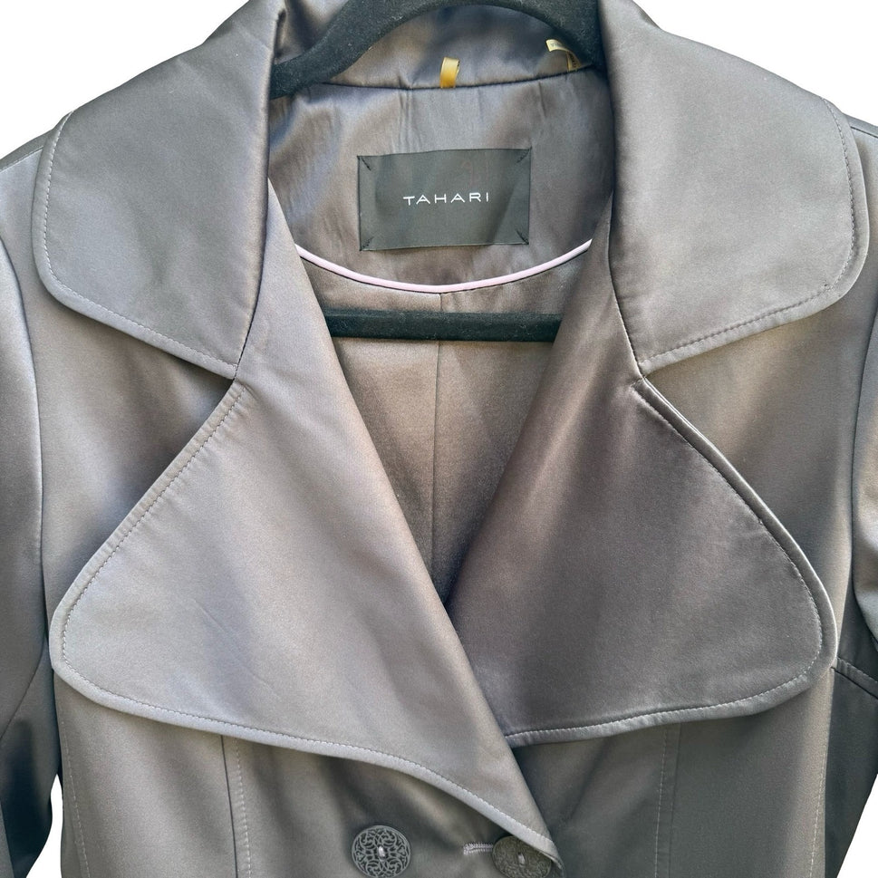 Tahari Minimalist Dark Academia Satin Finish Double Breasted Trench Coat Grey XS