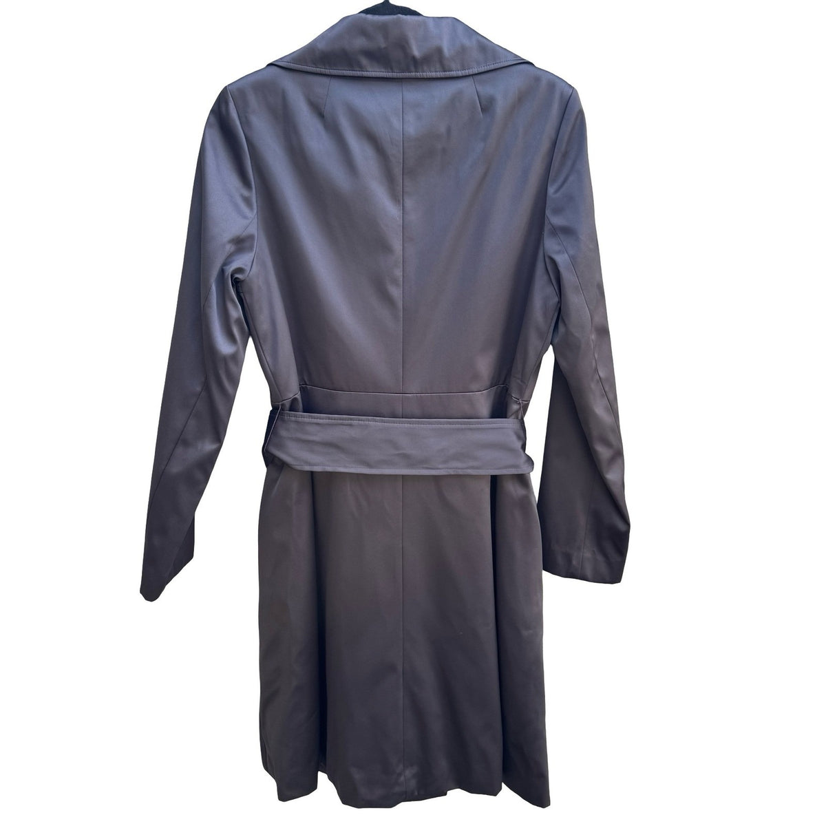 Tahari Minimalist Dark Academia Satin Finish Double Breasted Trench Coat Grey XS