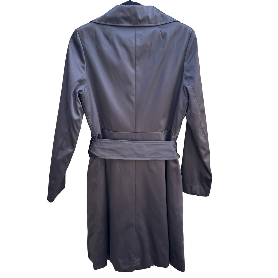 Tahari Minimalist Dark Academia Satin Finish Double Breasted Trench Coat Grey XS