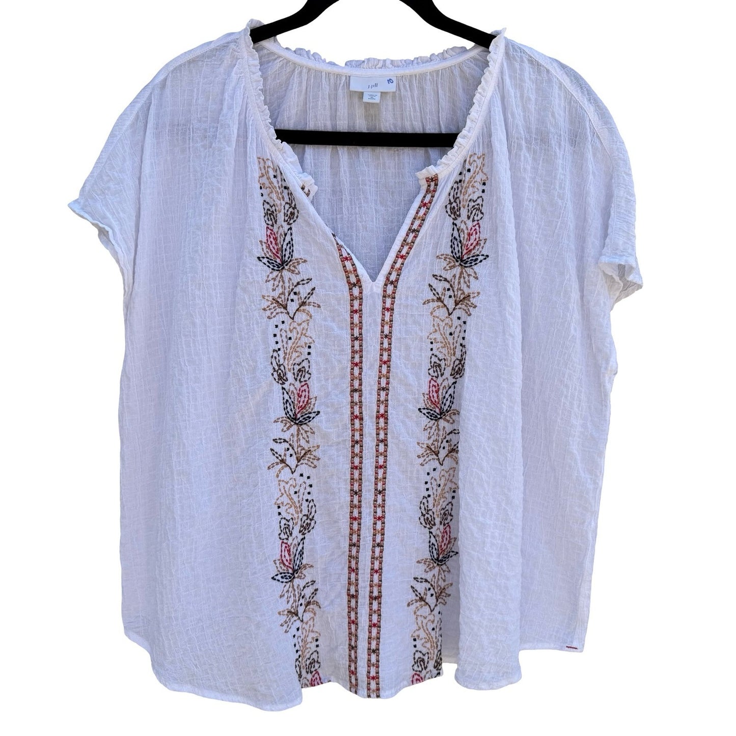 J. Jill White Floral Embroidered Cotton Gauze Split Neck Top XL Peasant Cottage