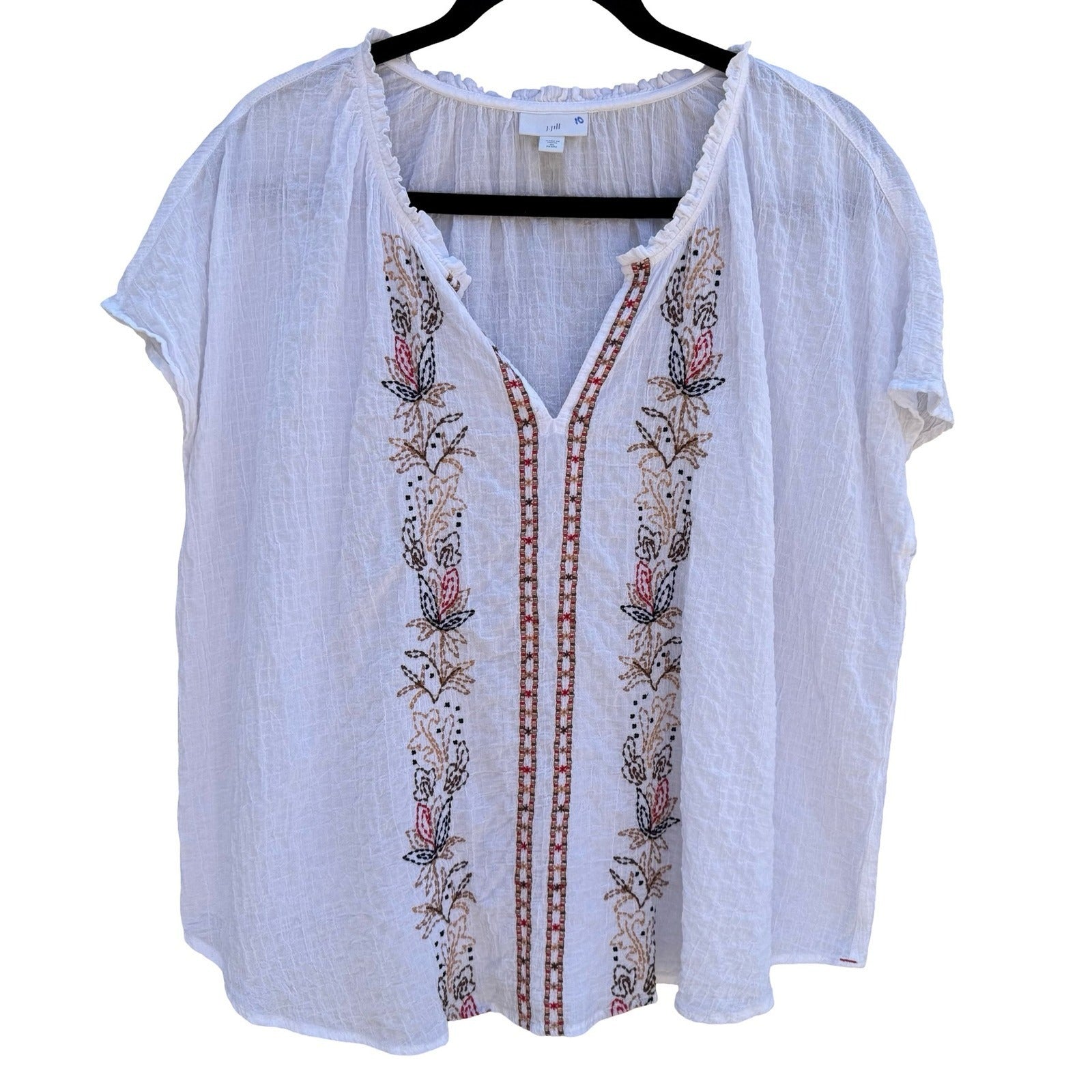 J. Jill White Floral Embroidered Cotton Gauze Split Neck Top XL Peasant Cottage