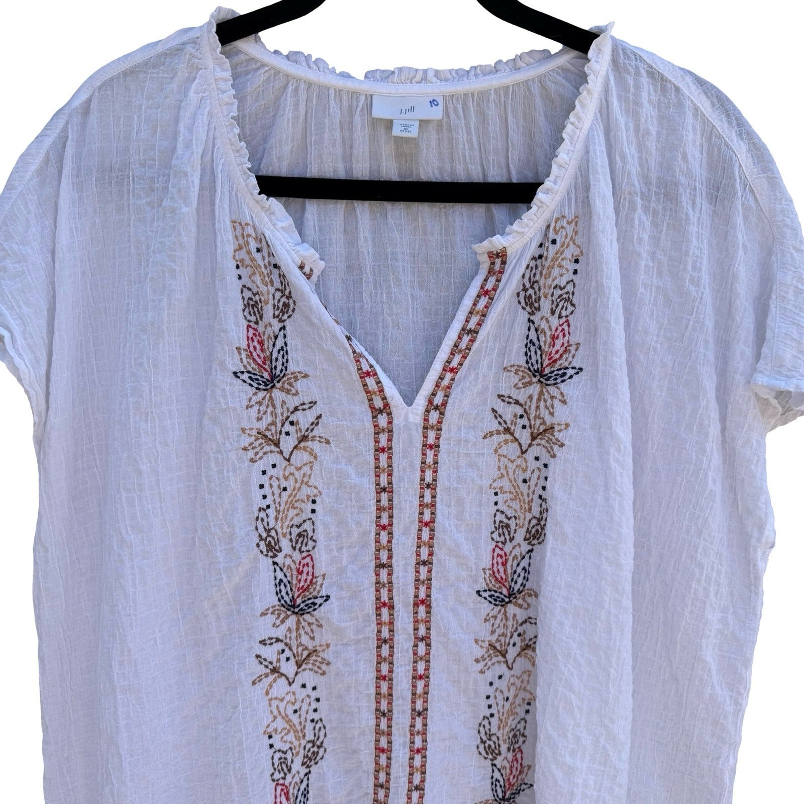 J. Jill White Floral Embroidered Cotton Gauze Split Neck Top XL Peasant Cottage