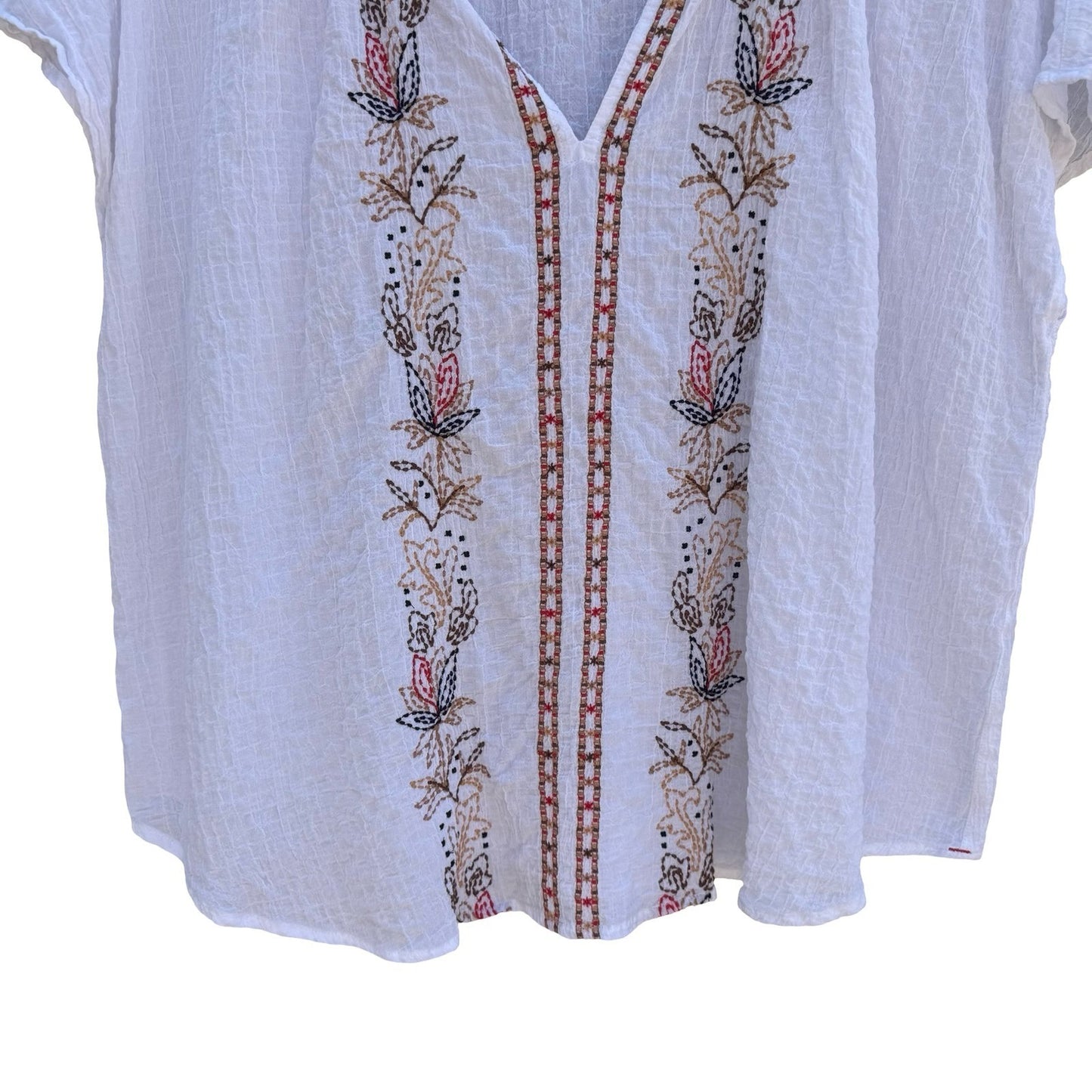J. Jill White Floral Embroidered Cotton Gauze Split Neck Top XL Peasant Cottage