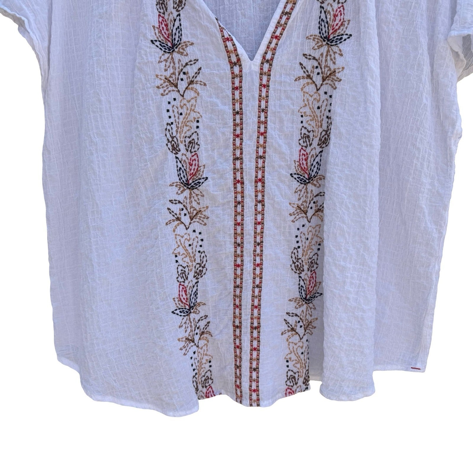 J. Jill White Floral Embroidered Cotton Gauze Split Neck Top XL Peasant Cottage