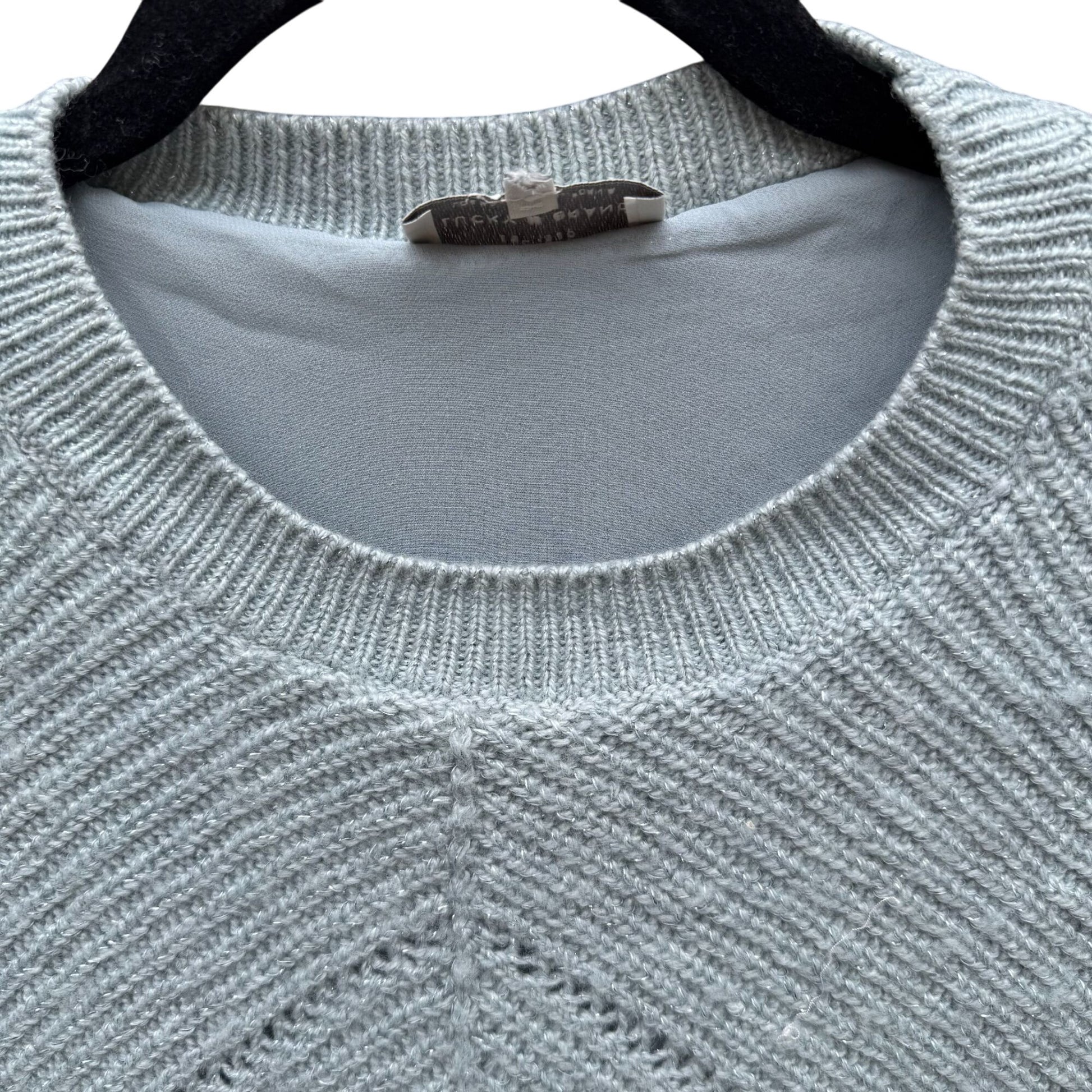 Lucky Brand Nico Pullover April Moon Blue Knit Chiffon Layered Chevron Sweater