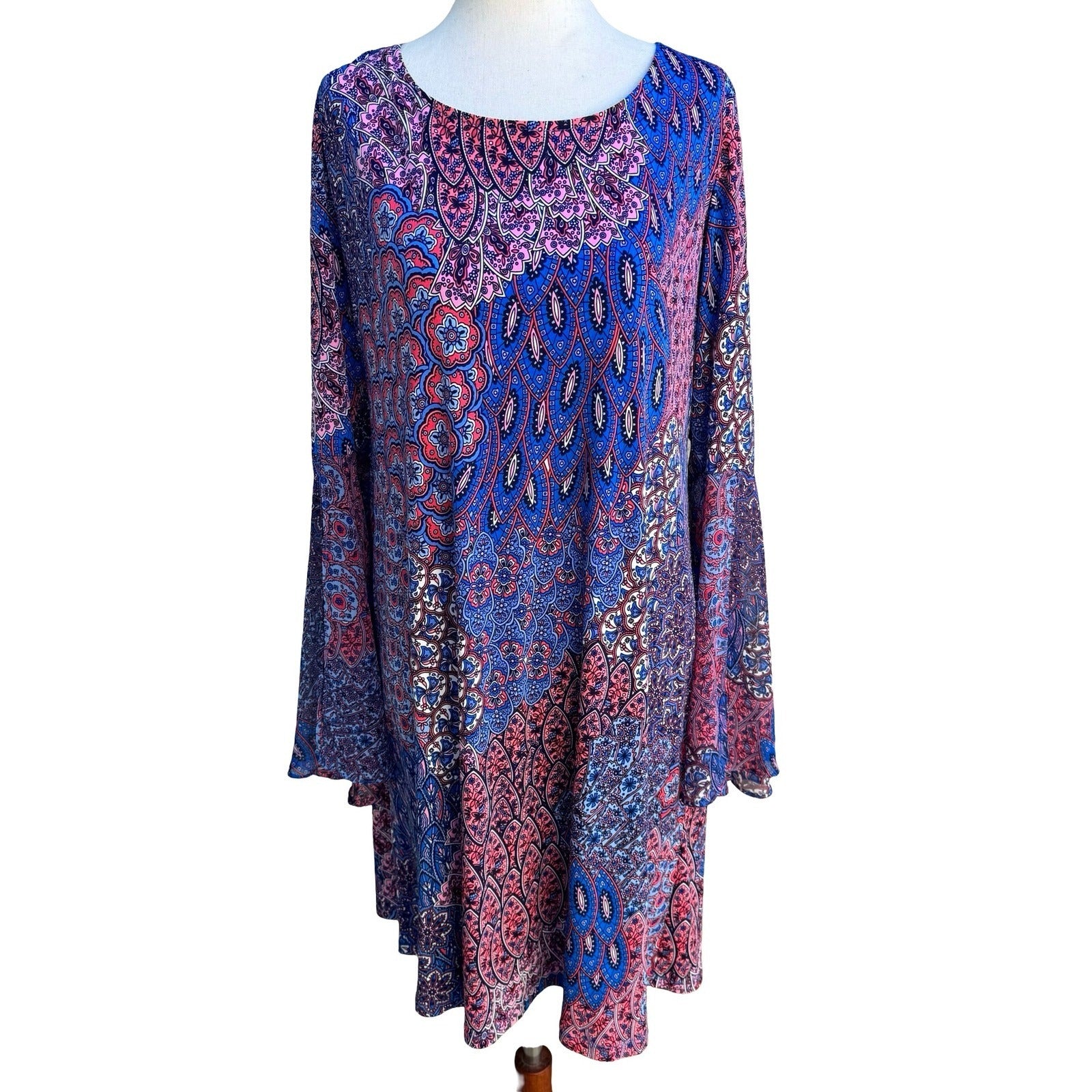 RN Studio Ronni Nicole Boho Witchy Festival Paisley Bell Sleeve Shift Dress L