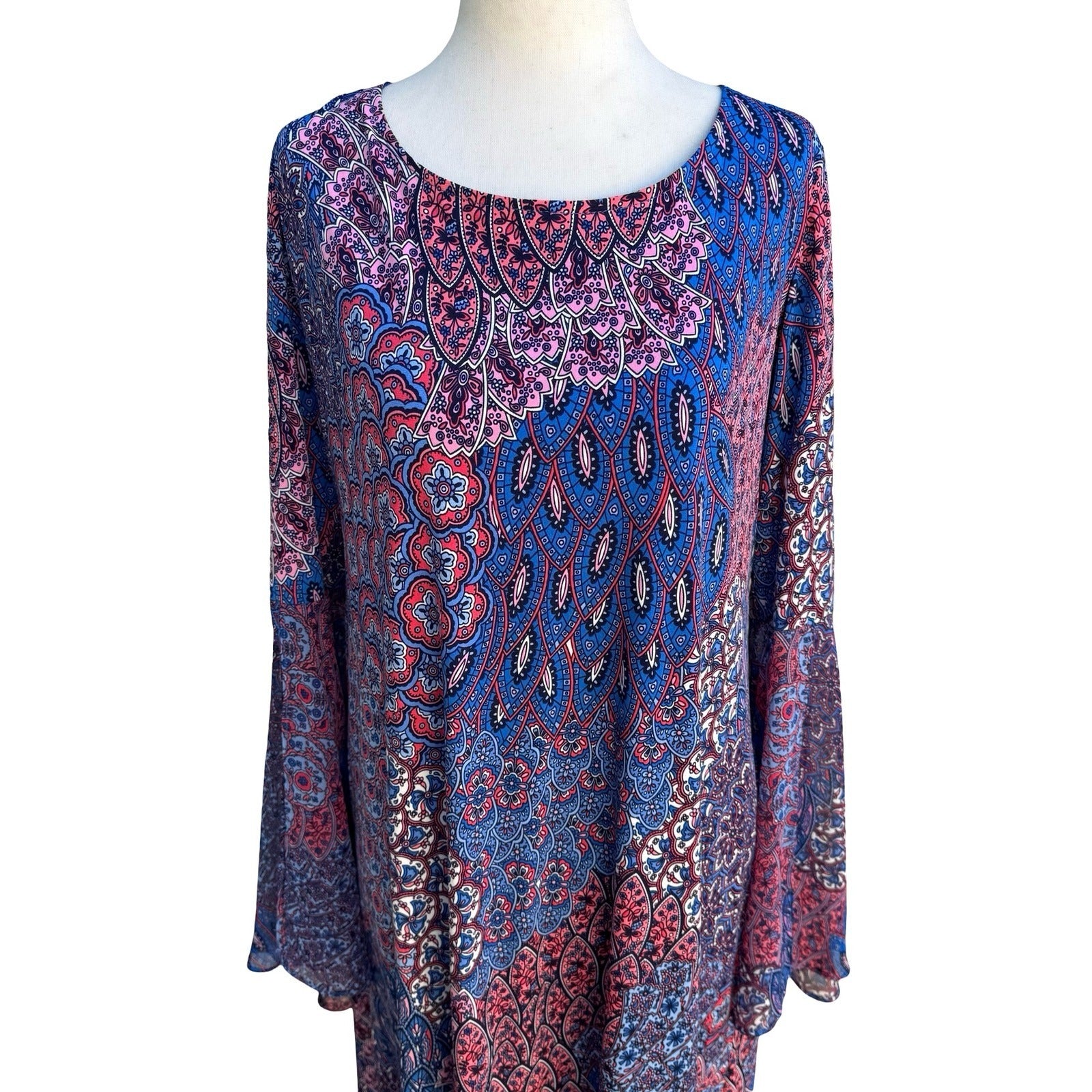 RN Studio Ronni Nicole Boho Witchy Festival Paisley Bell Sleeve Shift Dress L