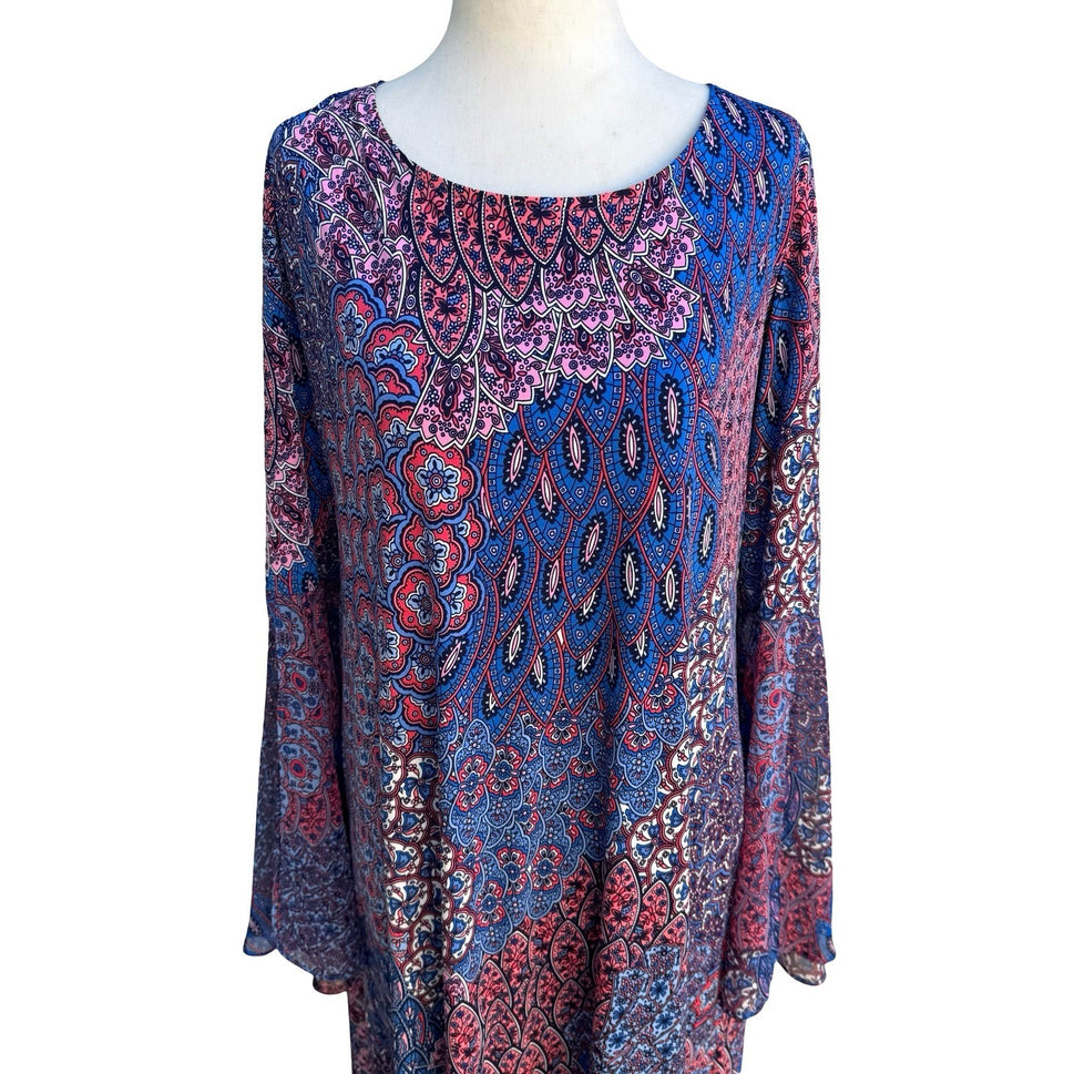 RN Studio Ronni Nicole Boho Witchy Festival Paisley Bell Sleeve Shift Dress L