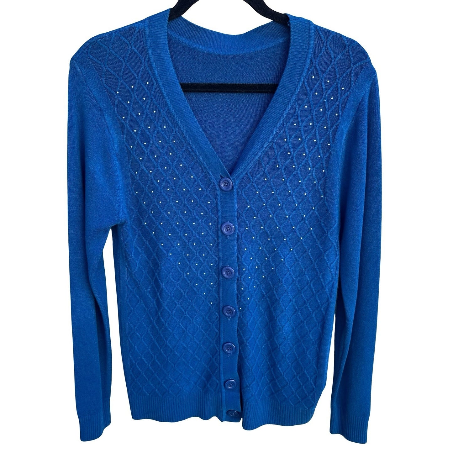 Vintage Blue Diamond Pointelle Rhinestone V-Neck Old Money Knit Cardigan Sweater