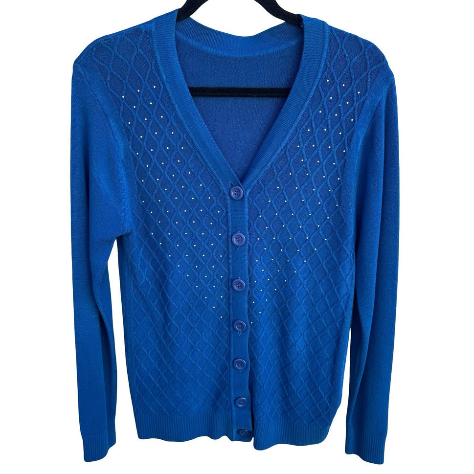 Vintage Blue Diamond Pointelle Rhinestone V-Neck Old Money Knit Cardigan Sweater