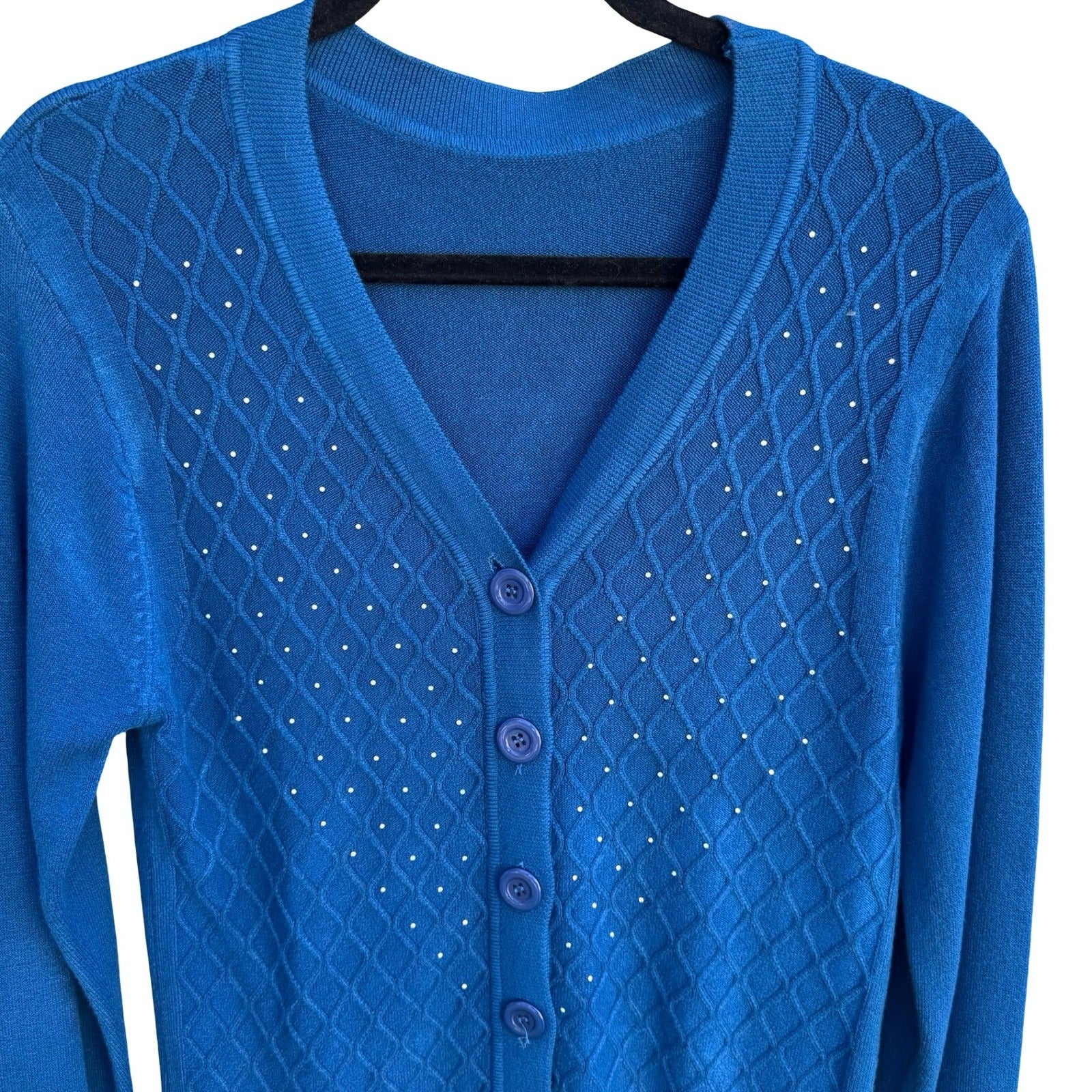 Vintage Blue Diamond Pointelle Rhinestone V-Neck Old Money Knit Cardigan Sweater