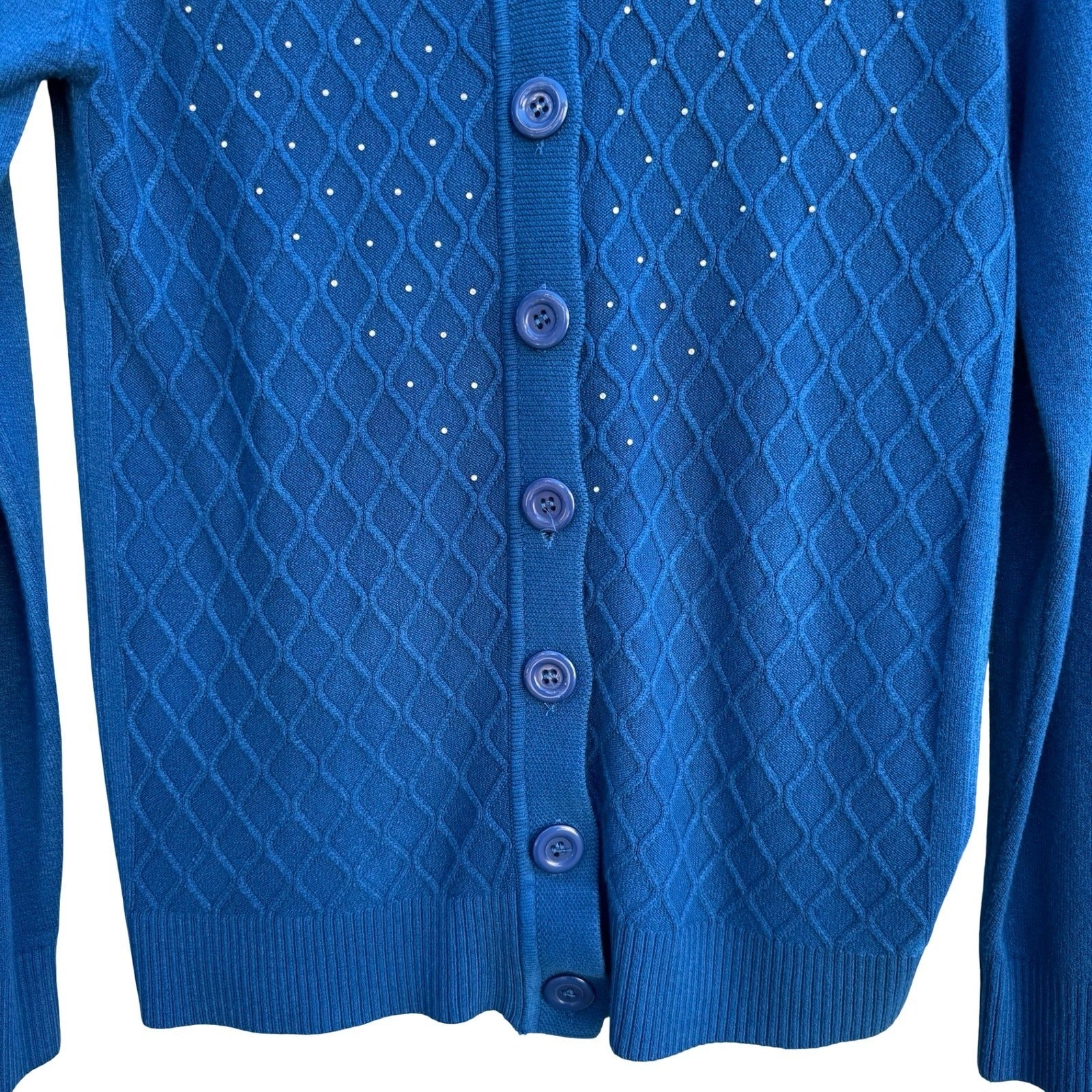 Vintage Blue Diamond Pointelle Rhinestone V-Neck Old Money Knit Cardigan Sweater