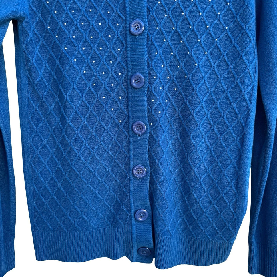 Vintage Blue Diamond Pointelle Rhinestone V-Neck Old Money Knit Cardigan Sweater