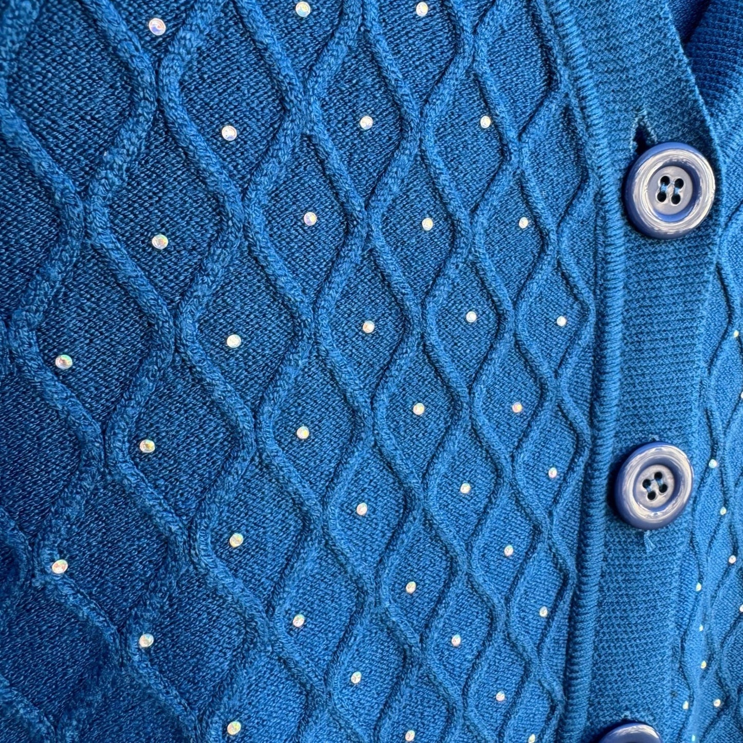 Vintage Blue Diamond Pointelle Rhinestone V-Neck Old Money Knit Cardigan Sweater