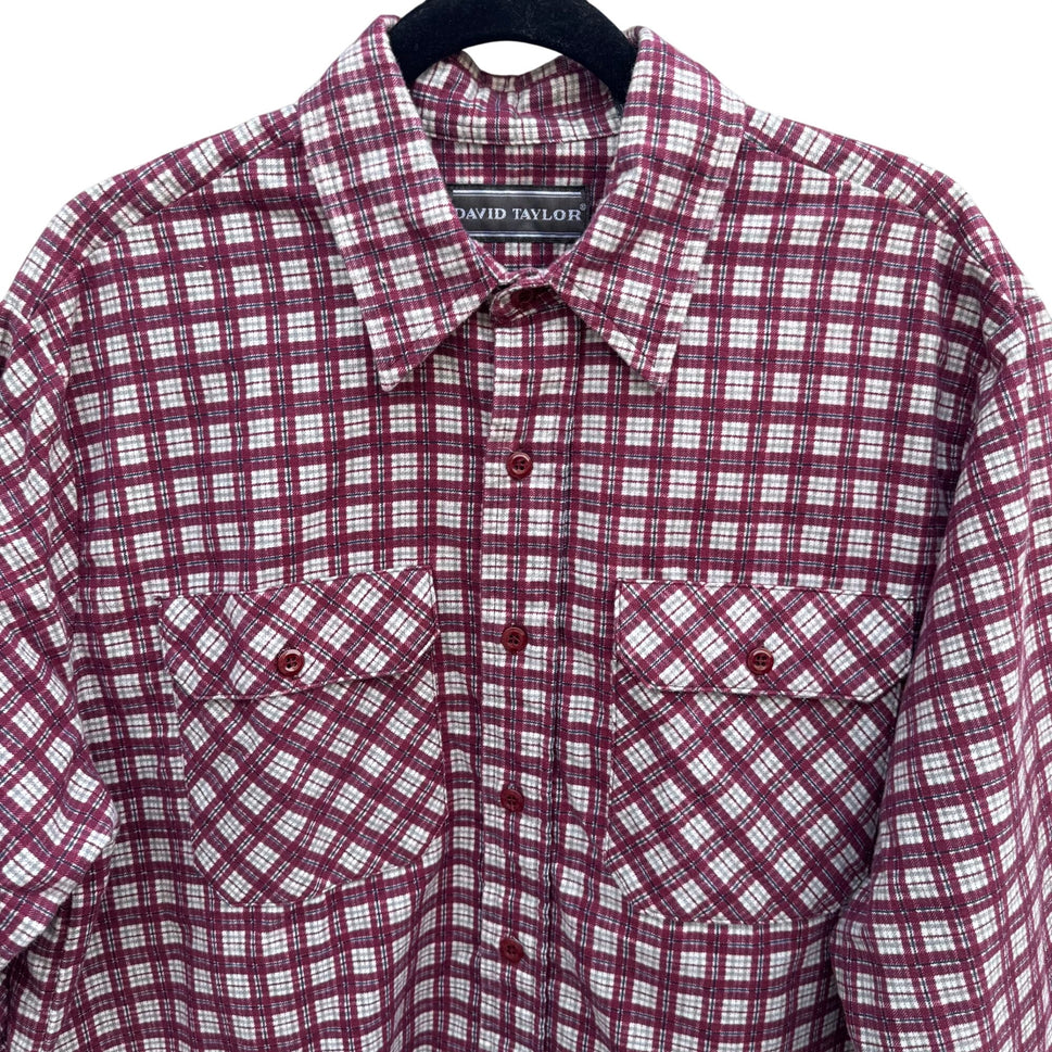 David Taylor Vintage Mens Red Plaid Button-Up Flannel Shirt L Workwear Outdoor
