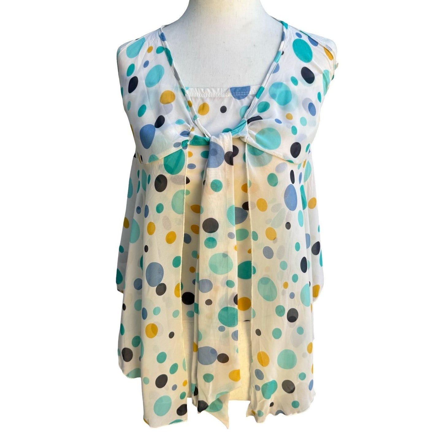 VOVO Y2K Whimsygoth Festival Boho Polka Dot Halter Flyaway Tie Front Top M