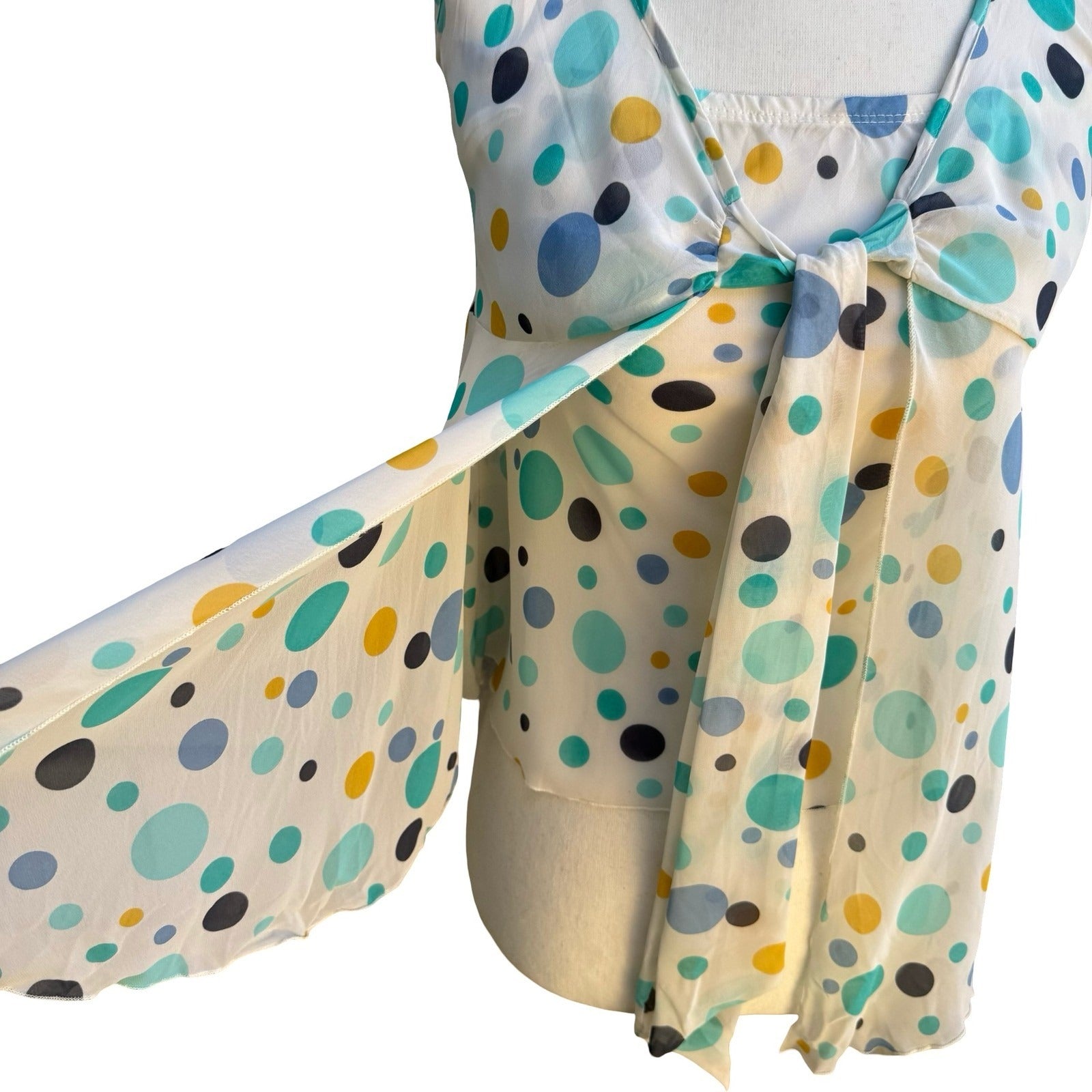 VOVO Y2K Whimsygoth Festival Boho Polka Dot Halter Flyaway Tie Front Top M