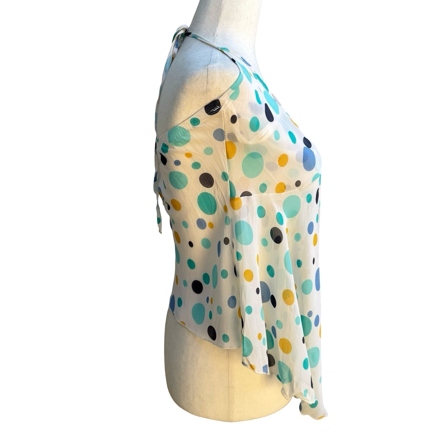 VOVO Y2K Whimsygoth Festival Boho Polka Dot Halter Flyaway Tie Front Top M