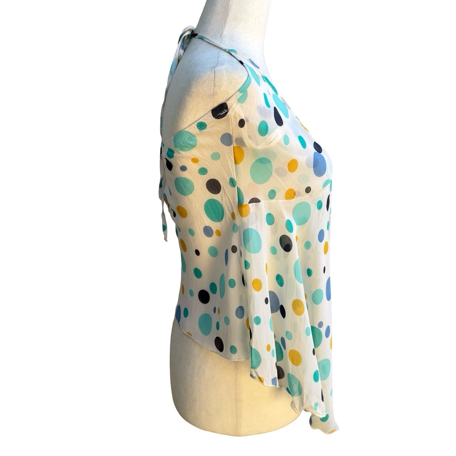 VOVO Y2K Whimsygoth Festival Boho Polka Dot Halter Flyaway Tie Front Top M