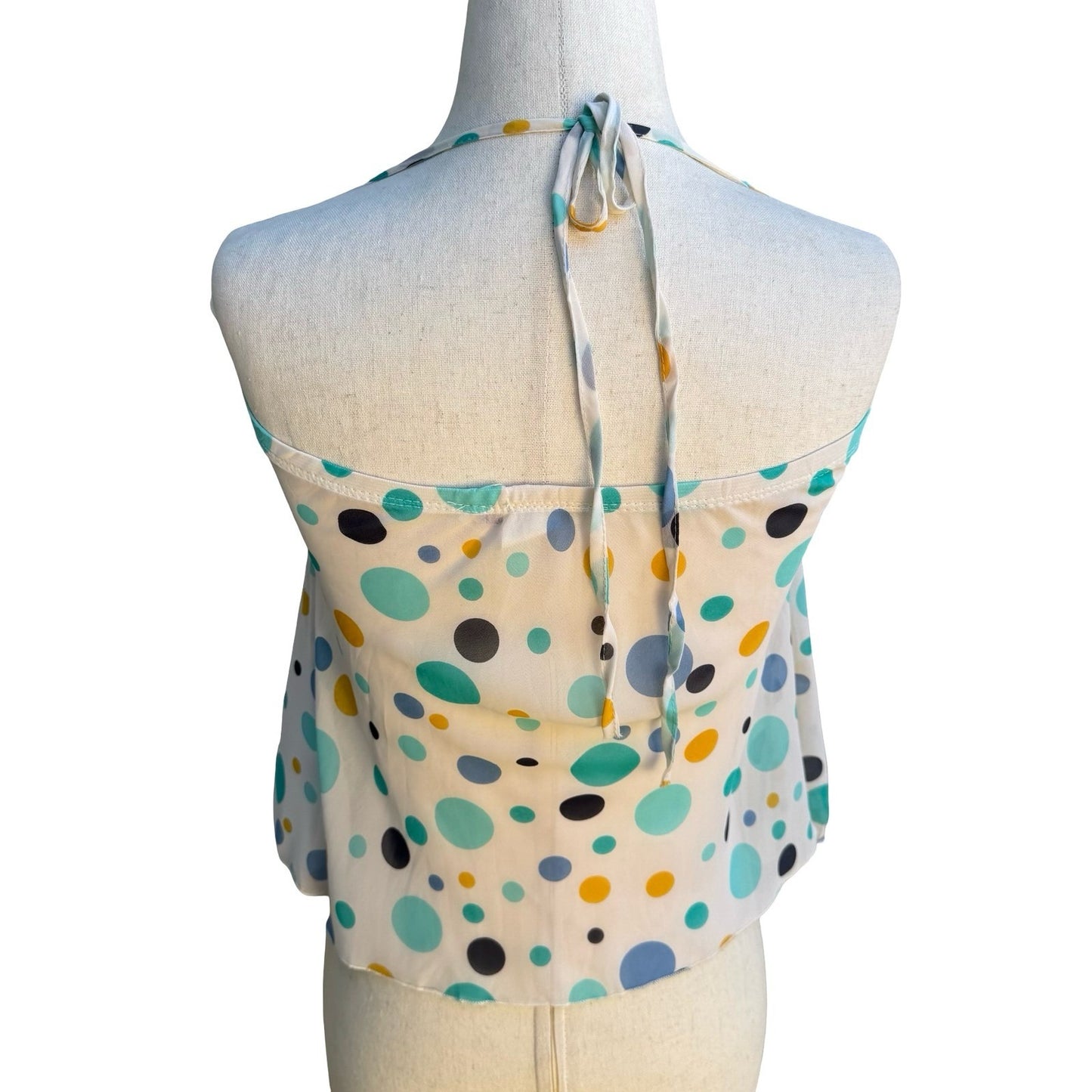 VOVO Y2K Whimsygoth Festival Boho Polka Dot Halter Flyaway Tie Front Top M