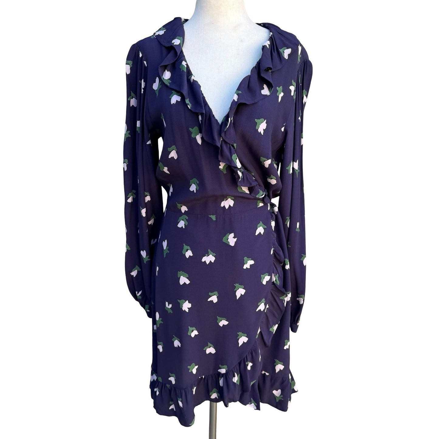 HM Navy Blue Floral Tulip Feminine Boho Ruffle Wrap Dress Long Sleeve Size 8 NEW