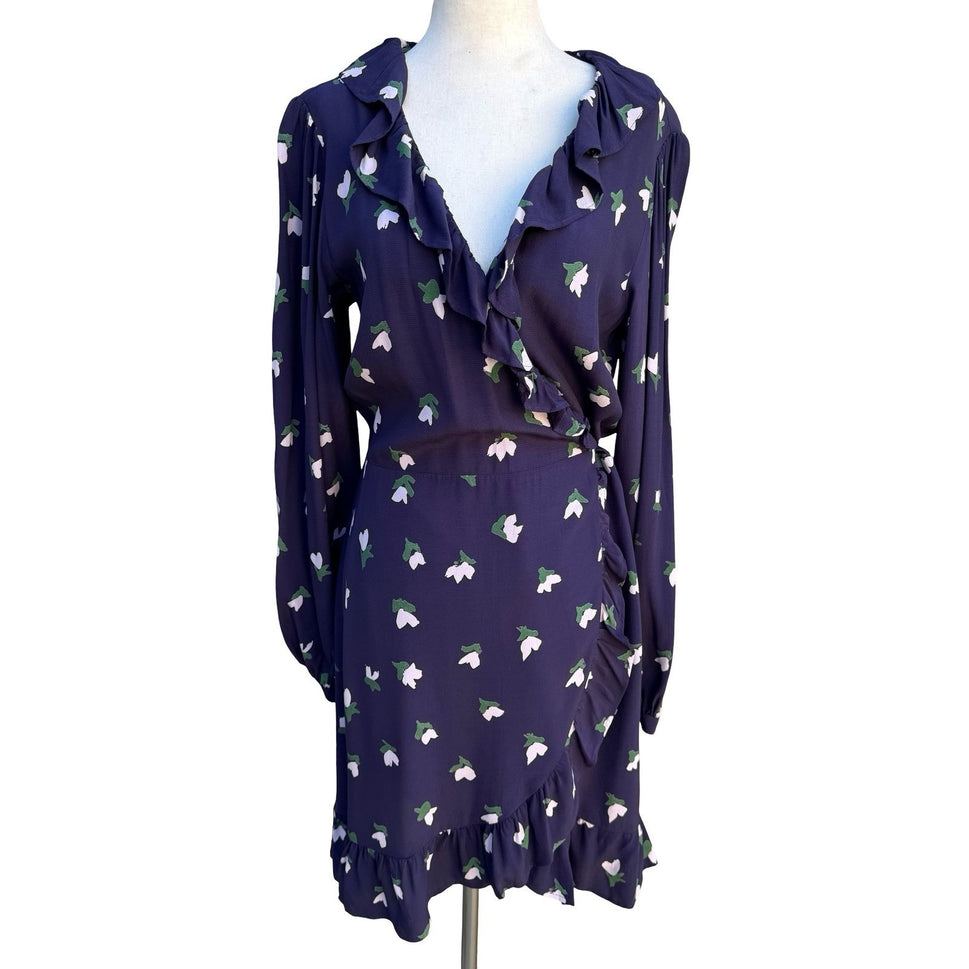 HM Navy Blue Floral Tulip Feminine Boho Ruffle Wrap Dress Long Sleeve Size 8 NEW