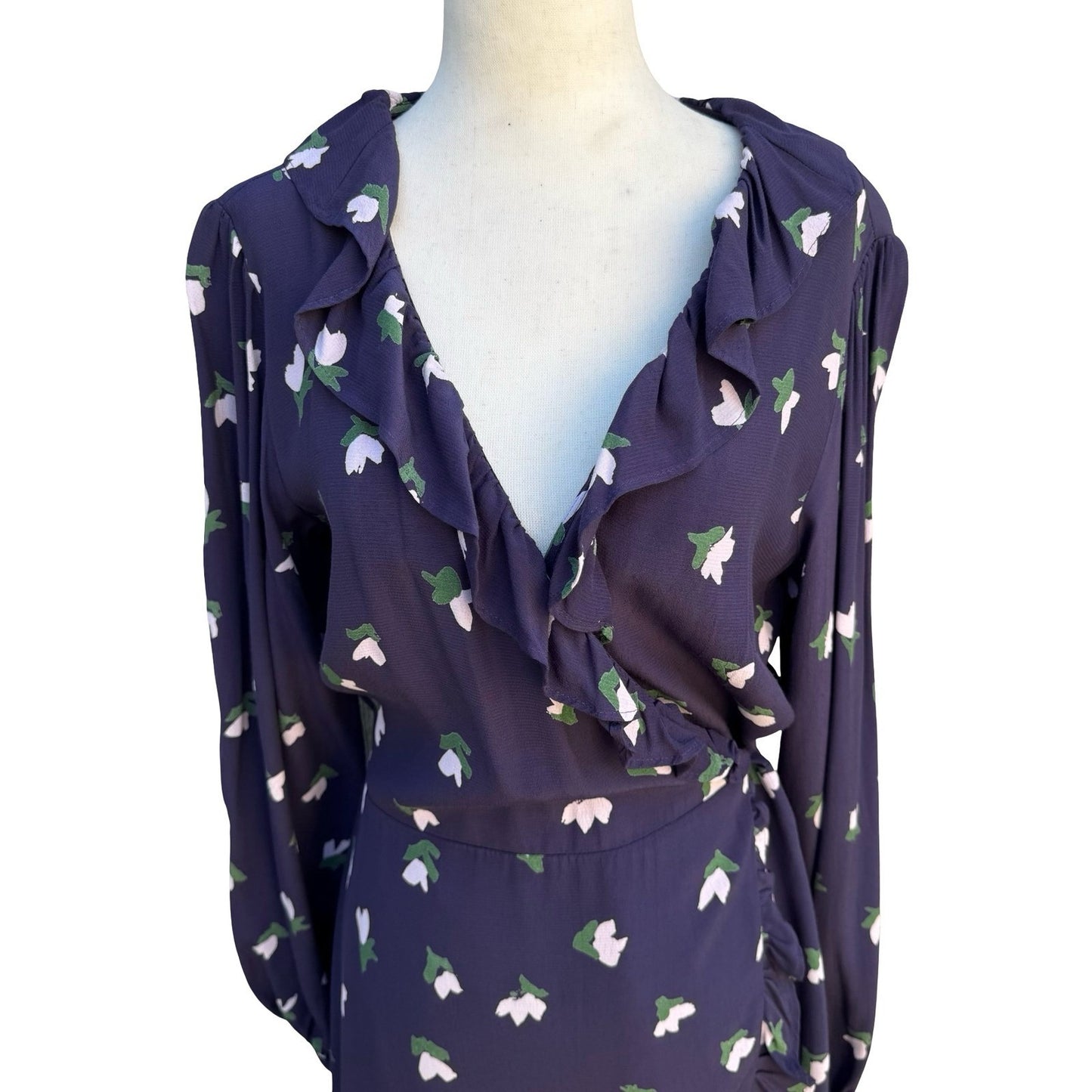 HM Navy Blue Floral Tulip Feminine Boho Ruffle Wrap Dress Long Sleeve Size 8 NEW