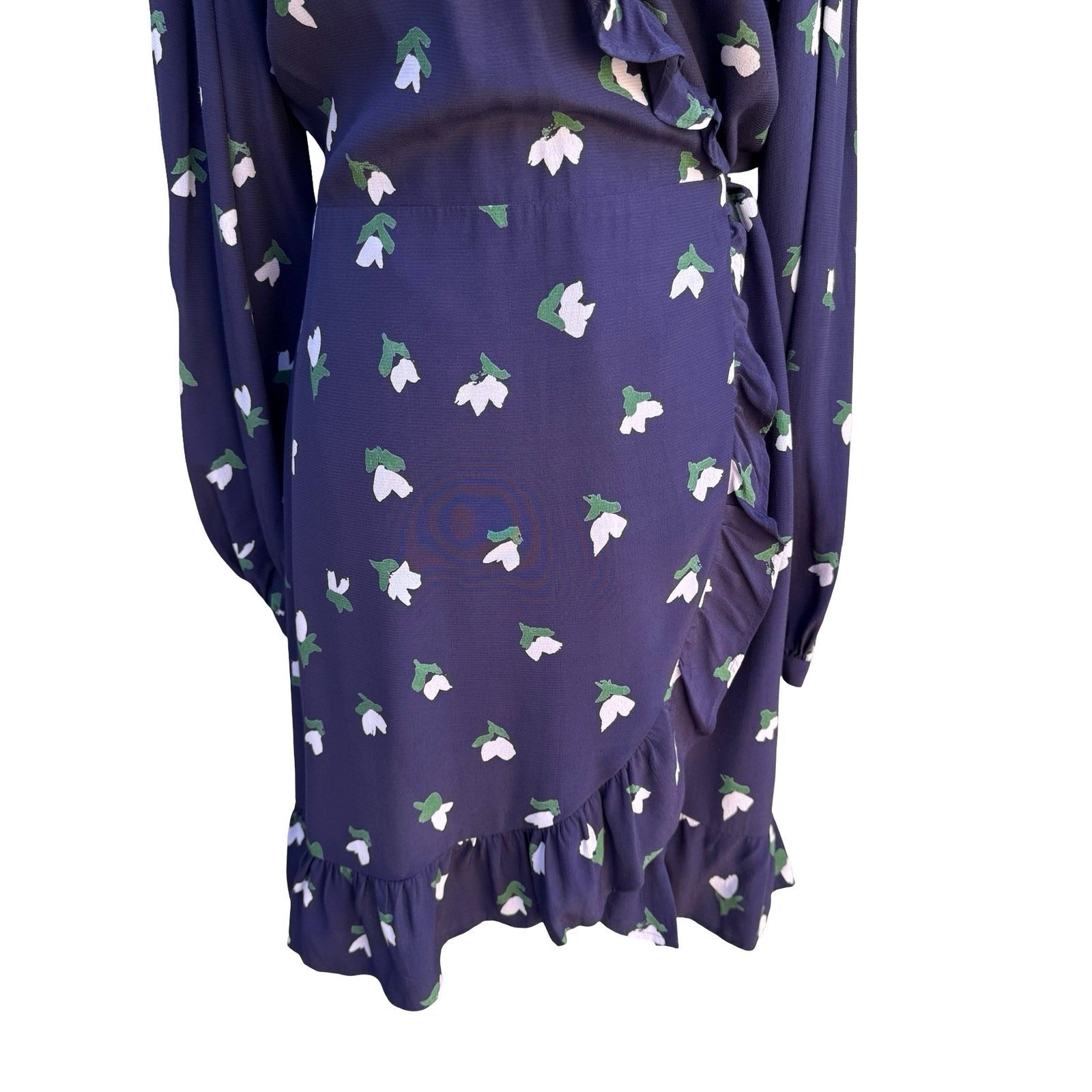 HM Navy Blue Floral Tulip Feminine Boho Ruffle Wrap Dress Long Sleeve Size 8 NEW